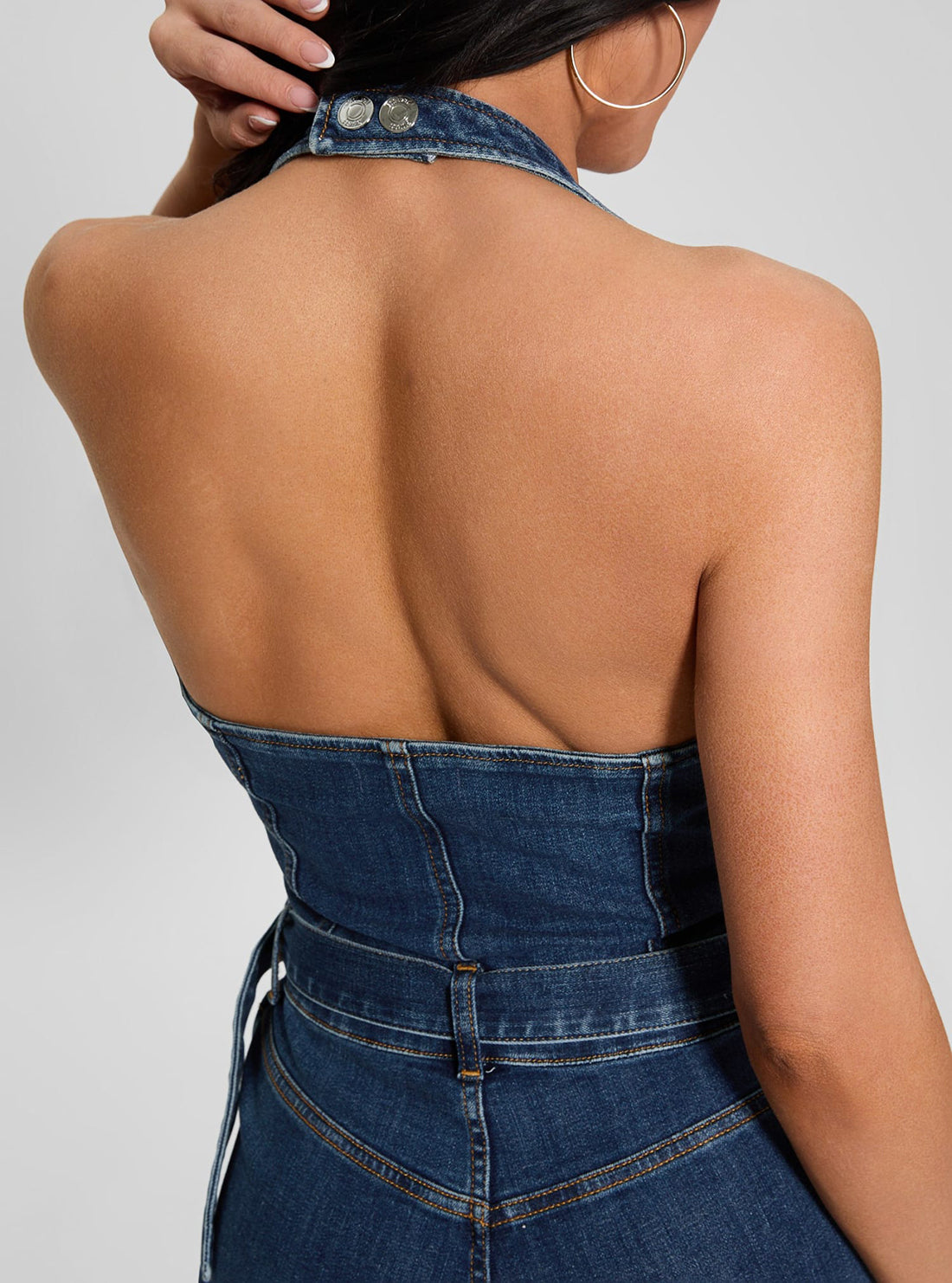 Blue Denim Claire Halter Jumpsuit for Women - Stylish Casual Romper with Adjustable Straps | Perfect for Summer Outings, Beach Vacations & Date Nights
