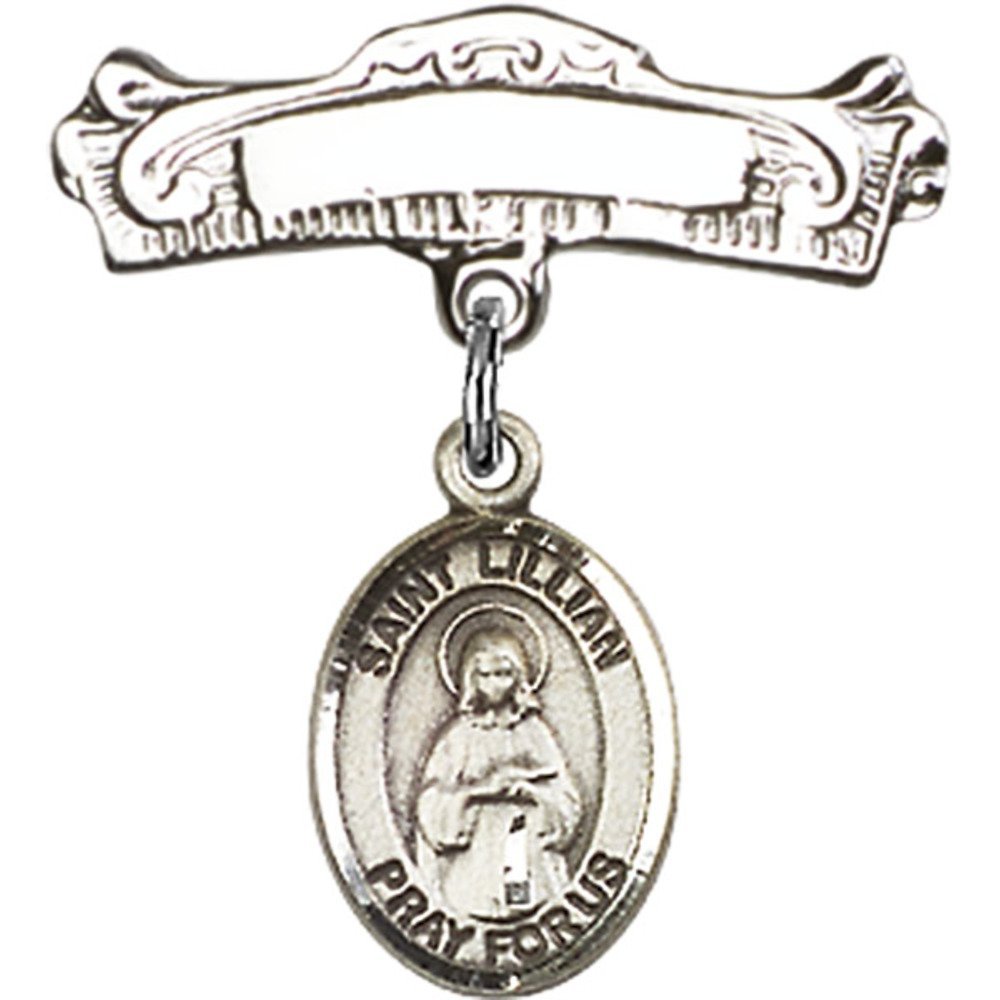 7/8 X 7/8 Inch Sterling Silver Baby Badge with St. Lillian Charm - Elegant Arched Polished Pin for Christening, Baptism & Newborn Gifts