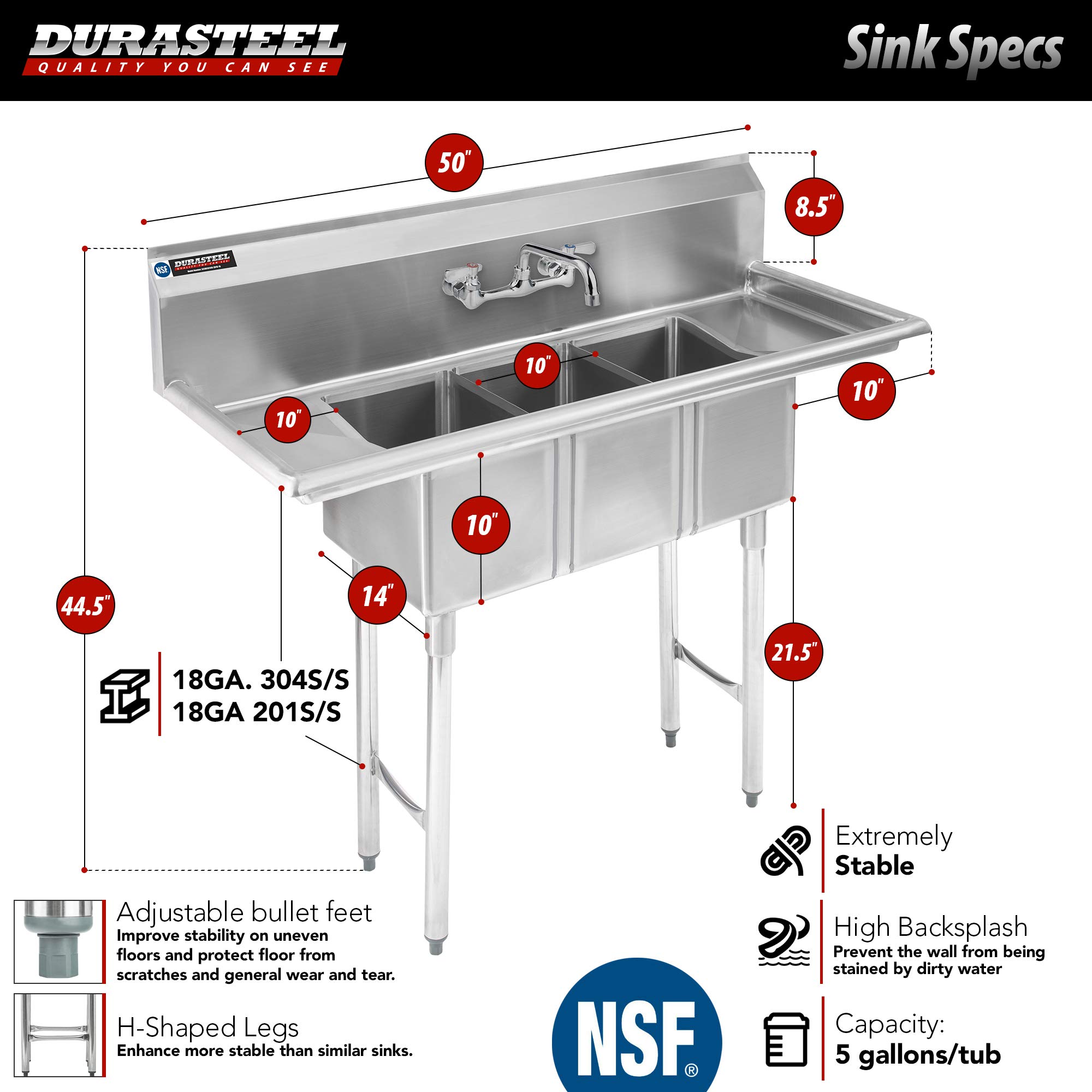 DuraSteel NSF Certified Commercial Stainless Steel Triple Bowl Kitchen Sink with Faucet - 15