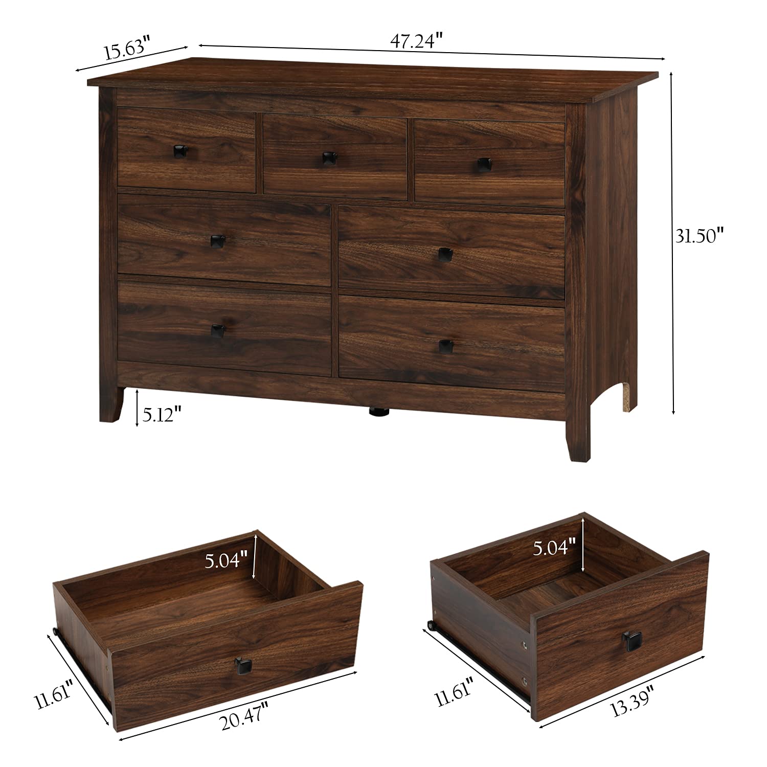 Vikiullf 3-Piece Bedroom Set - 7-Drawer Wood Dresser & 2 Nightstands, Brown Wood Grain Finish - Perfect for Master Bedroom, Guest Room & Apartment Furniture