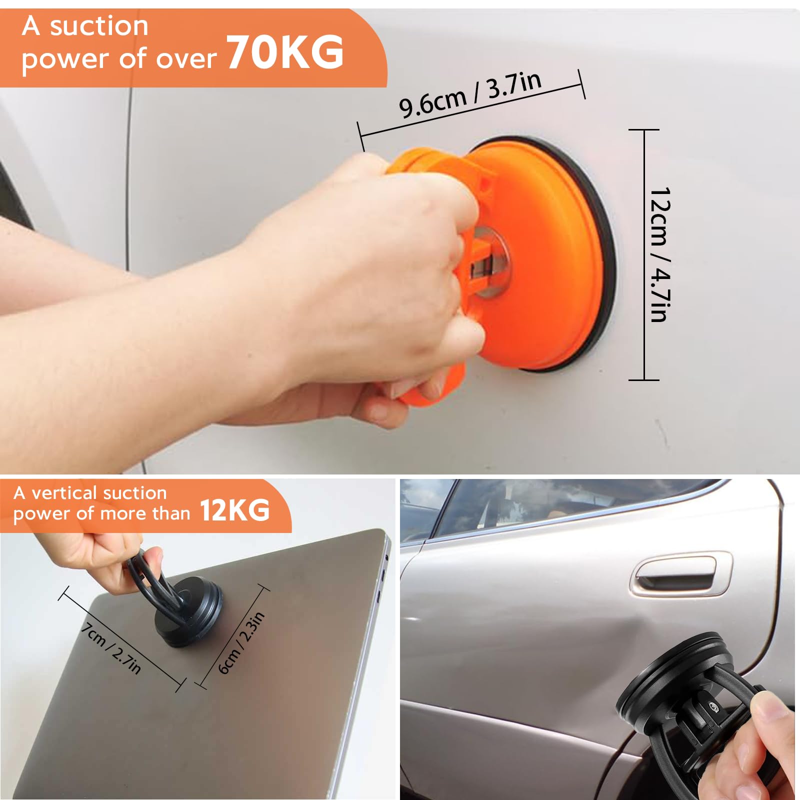 3-Piece Car Dent Puller Kit - Powerful Paintless Dent Removal Tool for Auto Body Repair (Black & Orange) | Fix Dents on Doors, Hood & Panels | Glass & Screen Repair Accessories