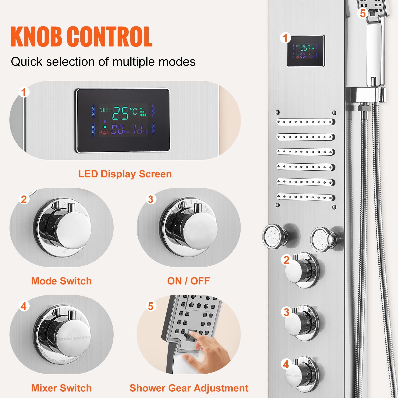 VEVOR Stainless Steel Shower Panel Tower System - 6 Shower Modes (Rainfall, Waterfall, Massage) with LED Screen, Hydroelectric Power, 5 Jets & Handheld Shower - Wall Mounted Bathroom Upgrade for Spa-Like Experience at Home
