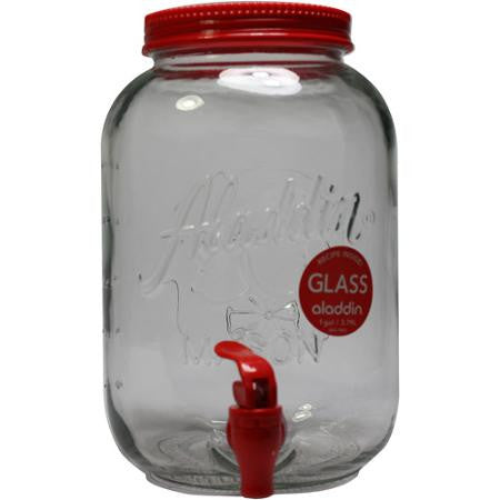 Aladdin Glass Mason Beverage Dispenser 128oz (3.8 Litres) - Large Glass Drink Dispenser with Spigot for Lemonade, Iced Tea, Party Punch - Perfect for Weddings, BBQs, and Outdoor Gatherings