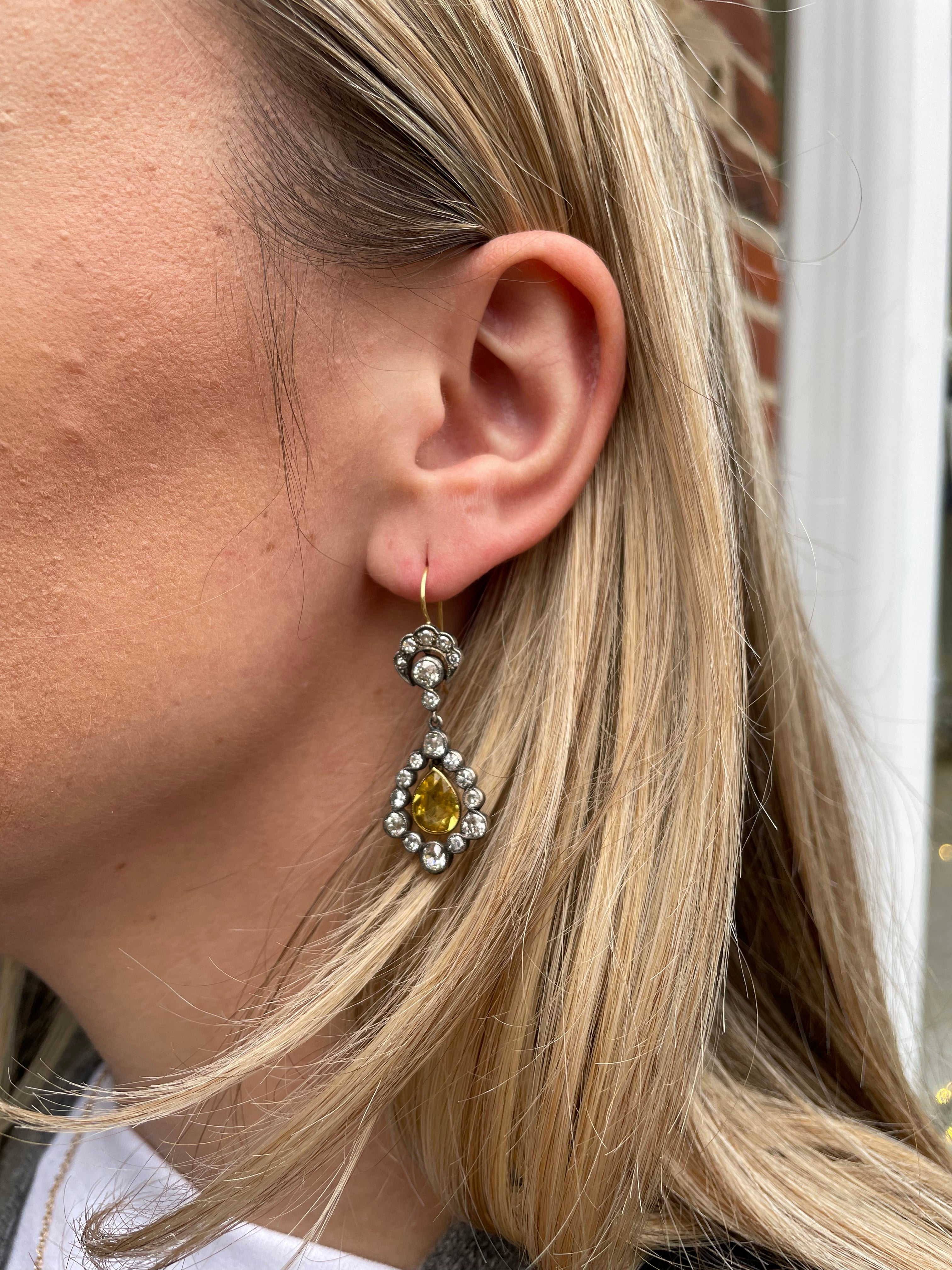 Victorian Style 18K Gold/Sterling Silver No Heat Ceylon Yellow Sapphire 2.25ctw & Diamond Dangle Earrings 3.5ctw – Elegant Jewelry for Weddings, Parties & Special Occasions