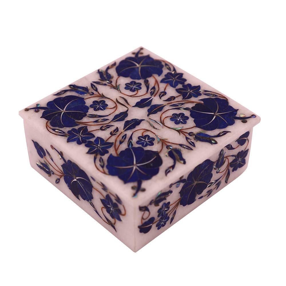 Queenza Marble Jewelry Box - 4 Inch Square Decorative Storage Box for Women & Girls, Floral Lapis Stone Inlaid Trinket Box - Perfect for Rings, Earrings & Jewelry Organization - Ideal Valentine's Gift, Birthday Present & Home Decor Accessory