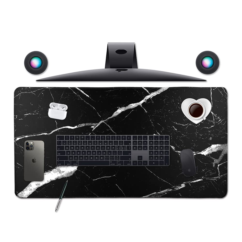 Premium XXL Gaming Mouse Pad with Non-Slip Rubber Base - Extra Large Desk Size Mouse Mat for PC & Laptop - Stitched Edges, Marble HD Print (Black) - Perfect for Office Work, Gaming & Home Computer Use