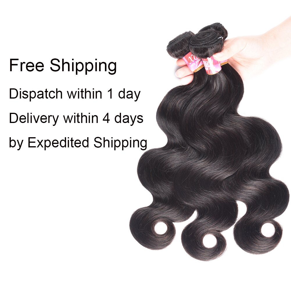 XCCOCO 3 Bundles Natural Black Body Wave Human Hair Weave with 4x4 Lace Closure - 100% Virgin Peruvian Remy Hair Extensions (10,12,14inch + 10inch Closure) - Perfect for Protective Styles, Weaves, Ponytails & Everyday Glam