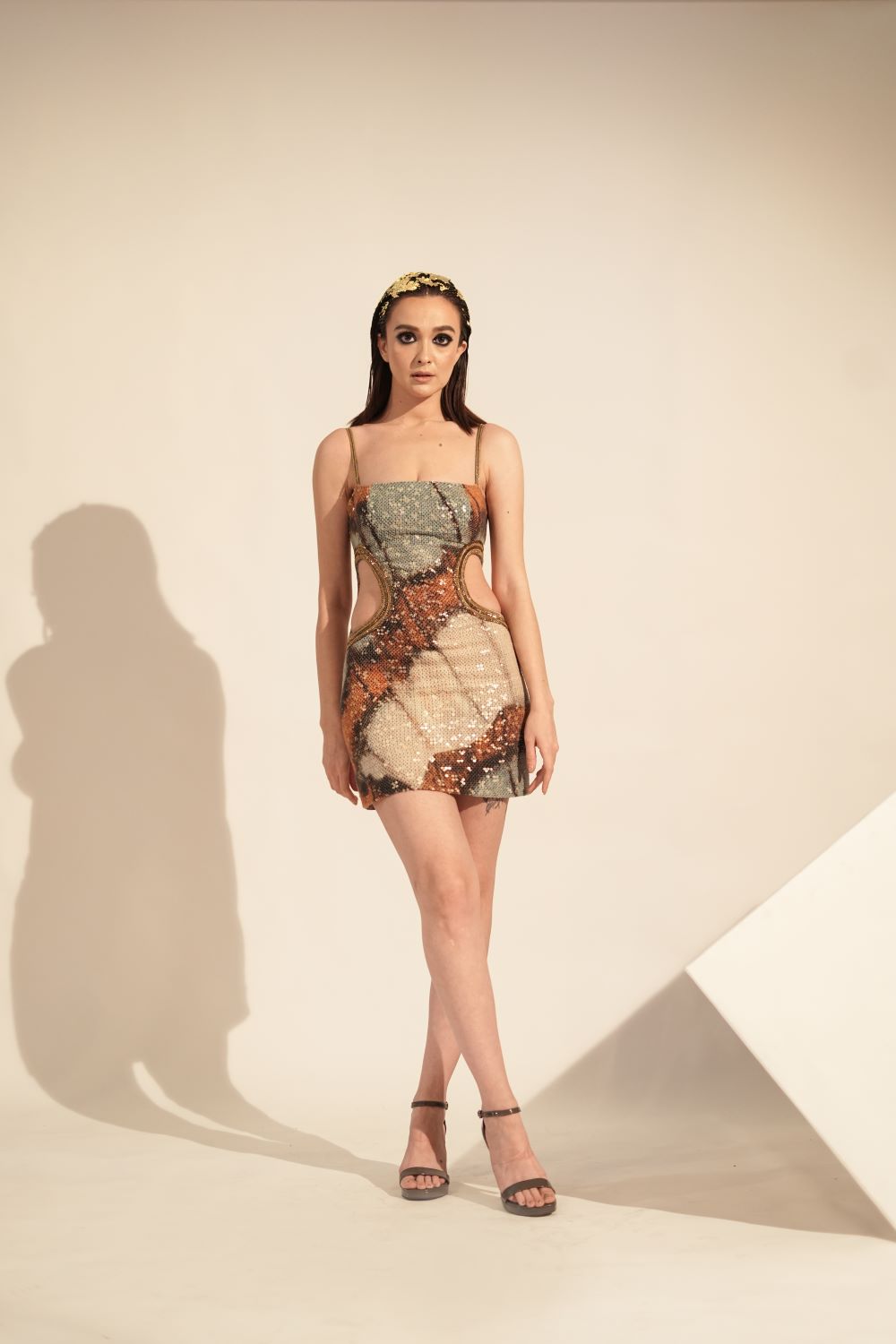 Elegant Powder Blue Butterfly Print Cutout Dress with Metallic Gold Embellishments - Perfect for Summer Parties, Beach Vacations & Date Nights