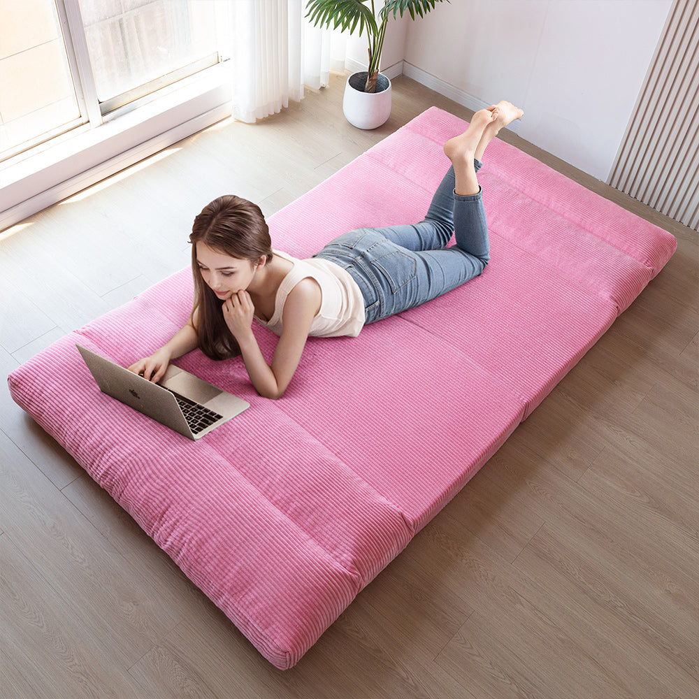 MAXYOYO Folding Sofa Bed - Extra Wide Corduroy Floor Bed in Pink | Convertible Sleeper for Small Spaces, Guest Room & Dorm | Comfortable Lounge Chair for Living Room, Bedroom & Office