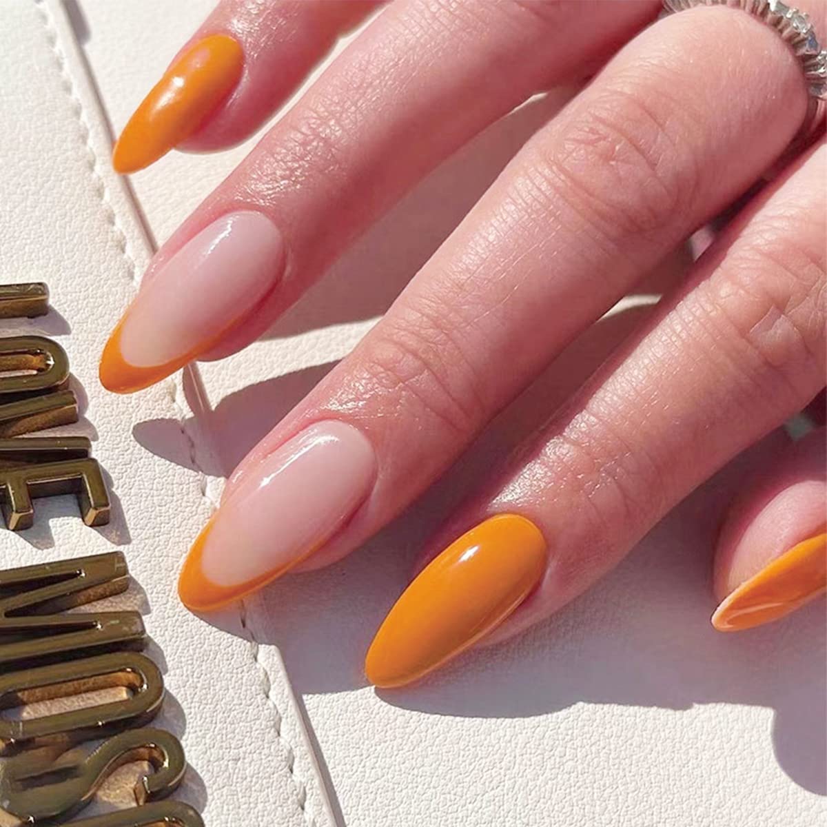 24Pcs French Orange Tips Almond Press on Nails - Medium Acrylic False Nails with Self Adhesive for Women & Girls | Fall Nail Art Supplies, Full Cover Fake Nails for Autumn Parties & Special Occasions
