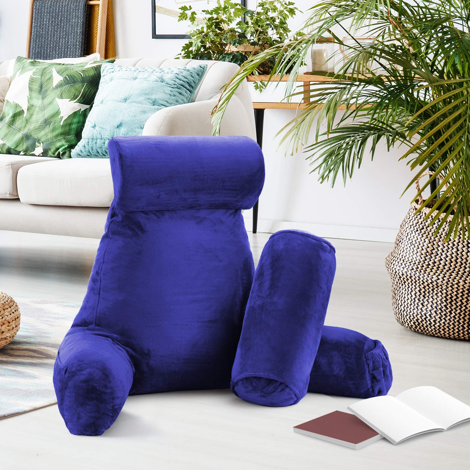 Nestl Large Reading Pillow for Bed - Shredded Memory Foam Back Support Pillow with Pockets | Perfect for Sitting in Bed, Reading, Watching TV & Relaxing | Royal Blue Bed Chair Arm Pillow