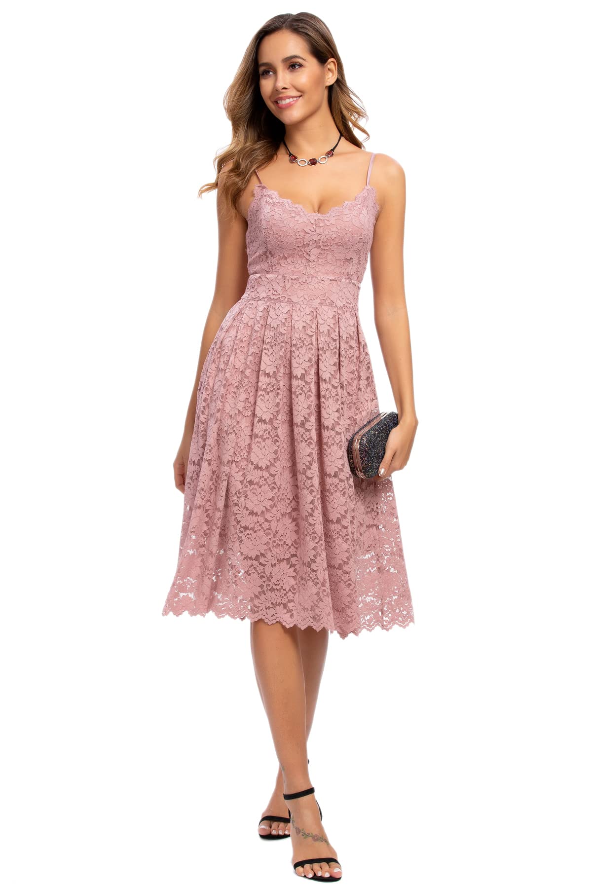 ATNLEWHI Women's Spaghetti Strap V-Neck Sleeveless A-Line Lace Dress for Evening, Cocktail Party, Formal Wedding Guest - Elegant Summer Dress for Date Night & Special Occasions