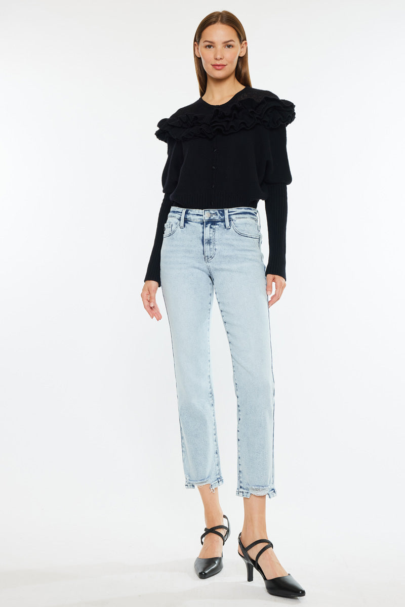 Pam Essentials Mid Rise Crop Straight Jeans - Women's High Waisted Stretch Denim Pants for Casual Wear & Everyday Outfits