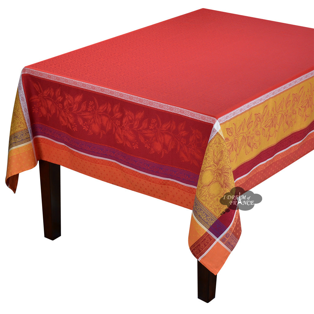 Tissus Toselli 62x78 Inch Rectangular Cedrat Red & Yellow French Jacquard Cotton Tablecloth - Elegant Dining Table Cover for Restaurants, Weddings & Home Decor