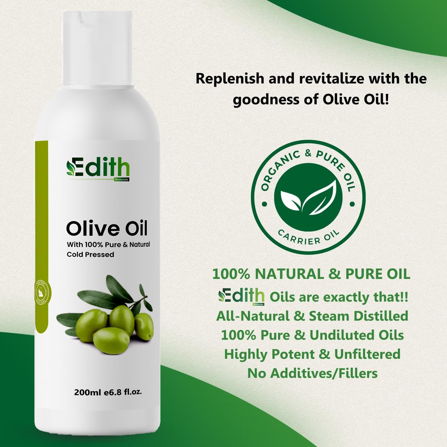 100% Pure Cold Pressed Olive Oil for Hair & Skin Care - 200ml | Natural Moisturizer for Men & Women | Perfect for Massage, DIY Beauty & Cooking