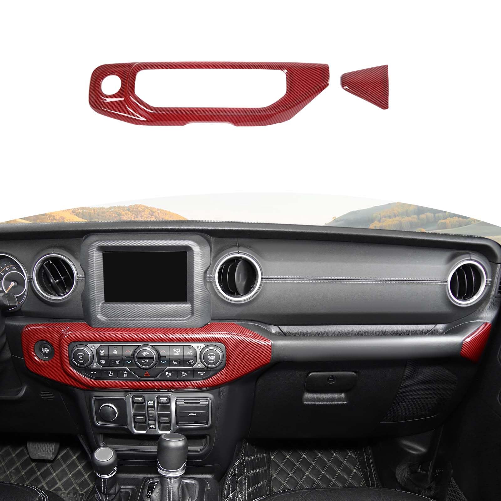 Red Carbon Fiber AC Control Panel Trim Cover for Jeep Wrangler JL/JLU & Gladiator JT (2018-2023) - Interior Dash Upgrade Accessory | Perfect for Off-Roading & Customization