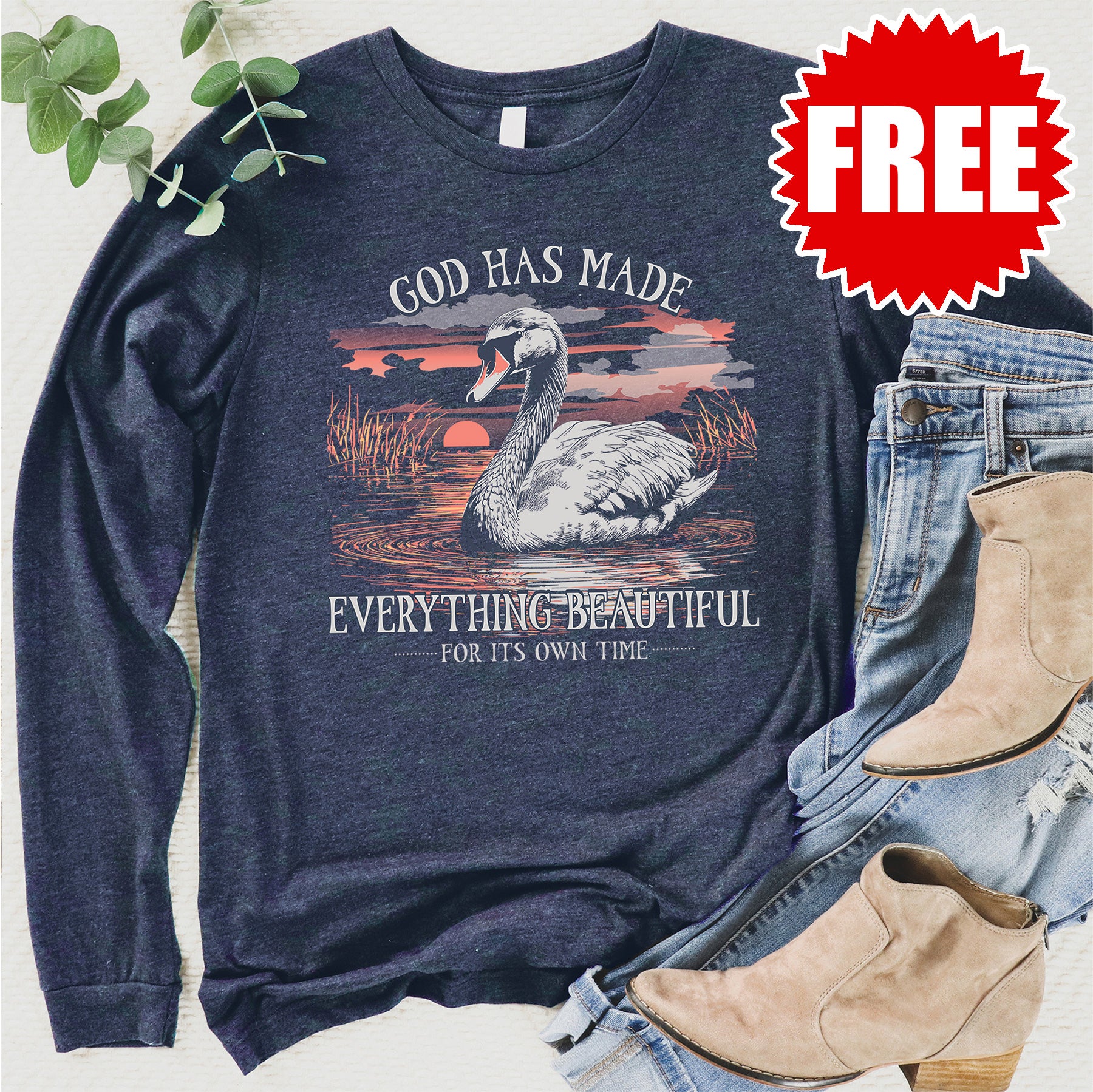 Elegant Swan Print Long Sleeve T-Shirt for Women - Soft Heather Navy Cotton Top - Perfect for Casual Wear, Date Nights & Office Outfits