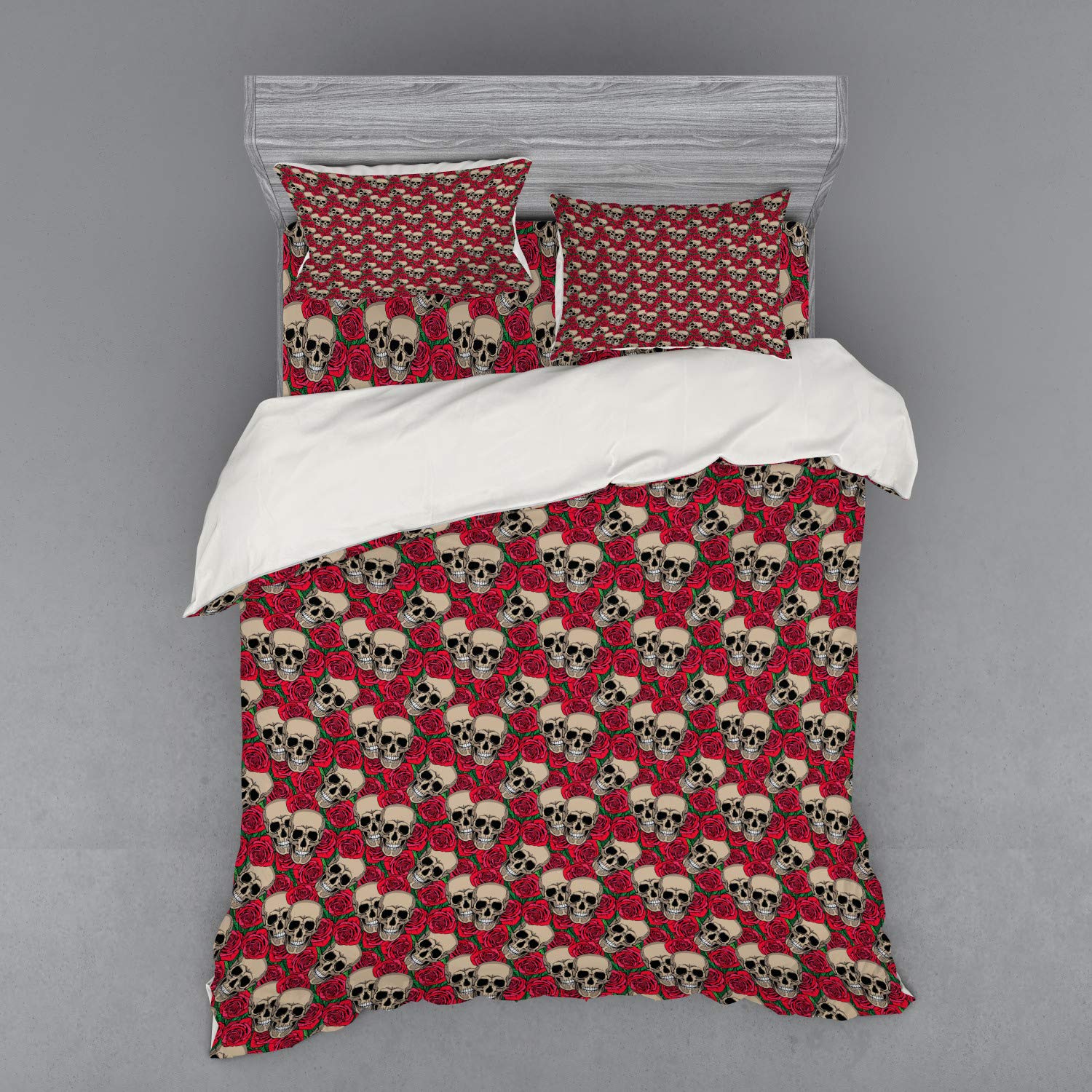 Ambesonne Rose Duvet Cover Set - Gothic Skull & Red Rose Floral Print 4-Piece Bedding with Shams & Fitted Sheet, Queen Size in Vermilion/Tan/Green | Halloween Decor, Gothic Bedroom Theme, Vintage Retro Style Home Decor