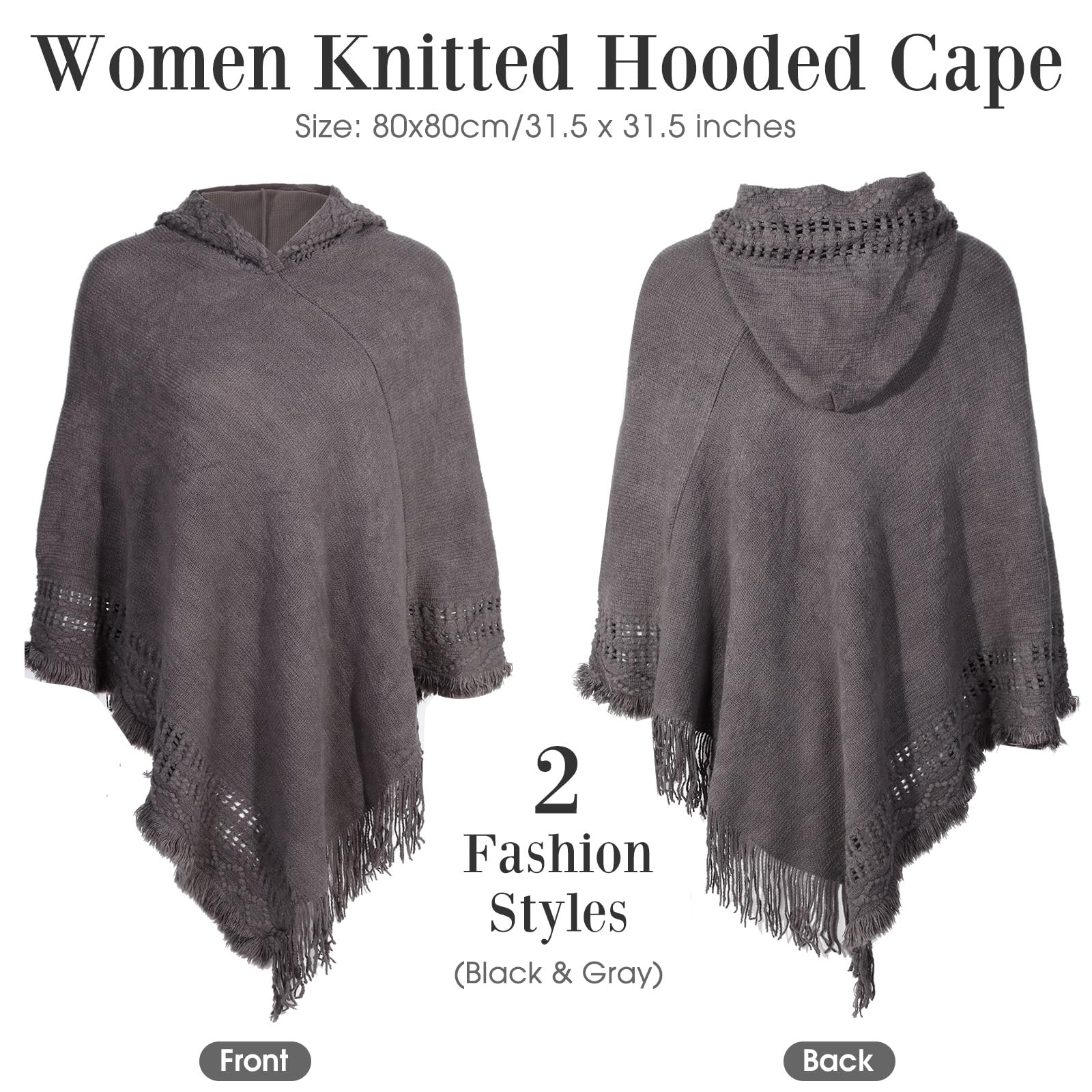 Liitrsh 2-Pack Women's Knitted Hooded Cape Poncho Sweaters with Fringed Hem - Cozy Crochet Pullover for Fall Fashion, Outdoor Activities & Casual Wear