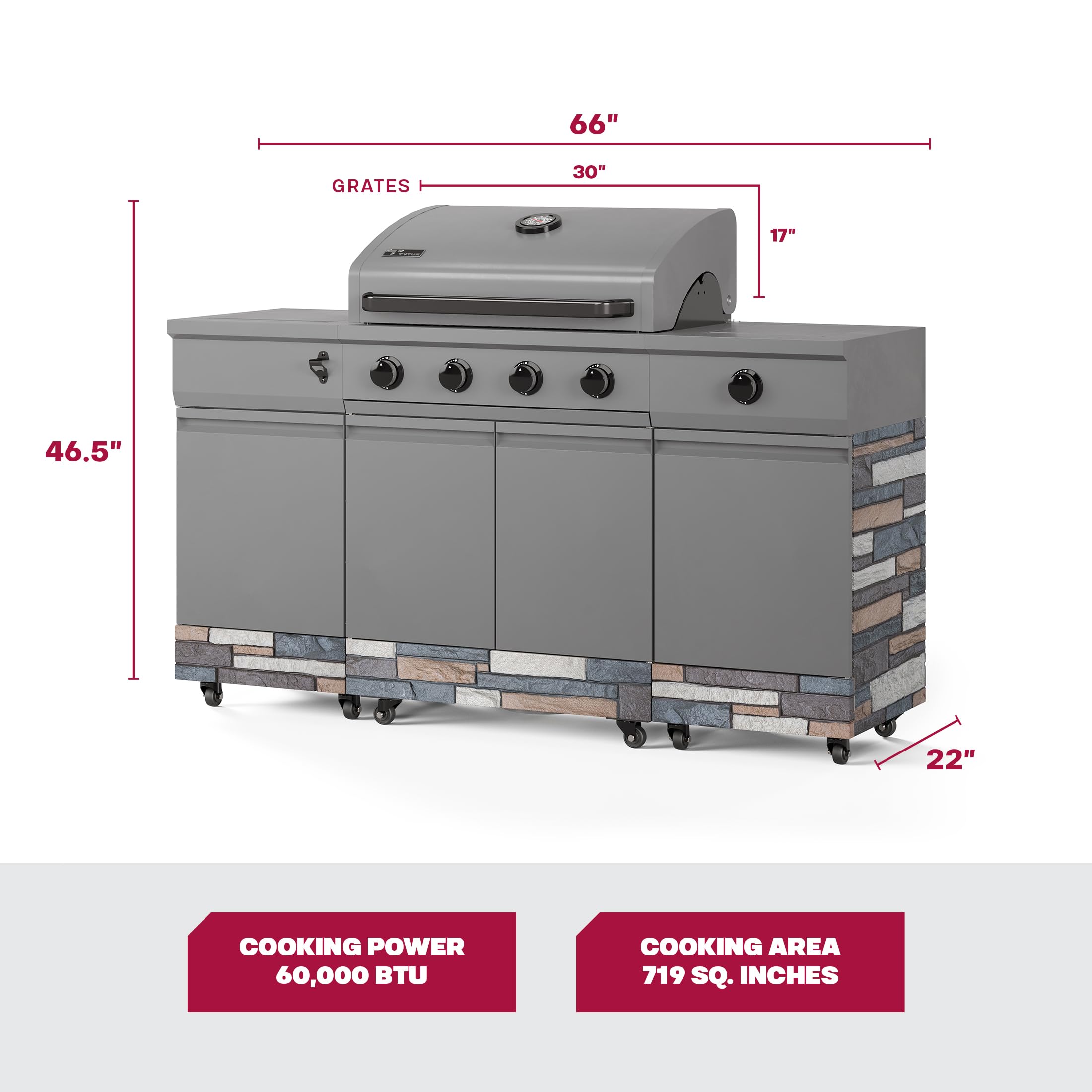 Tytus Fresno 60,000 BTU 5-Burner Propane or Natural Gas Outdoor Island Grill with Storage Cabinets - 864 sq. in. Cooking Area, 48,000 BTU Main Grill & 12,000 BTU Side Burner, Includes Ice Bucket - Perfect for Backyard BBQs, Patio Parties, and Outdoor Cooking