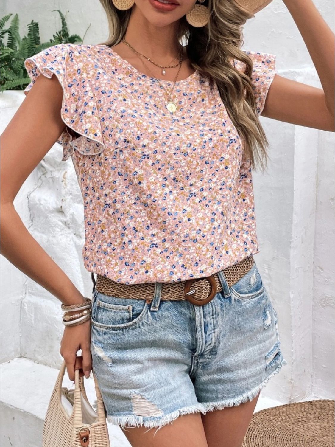 Women's Ditsy Floral Print Round Neck Cap Sleeve Blouse - Casual Summer Tops for Beach, Vacation & Everyday Wear