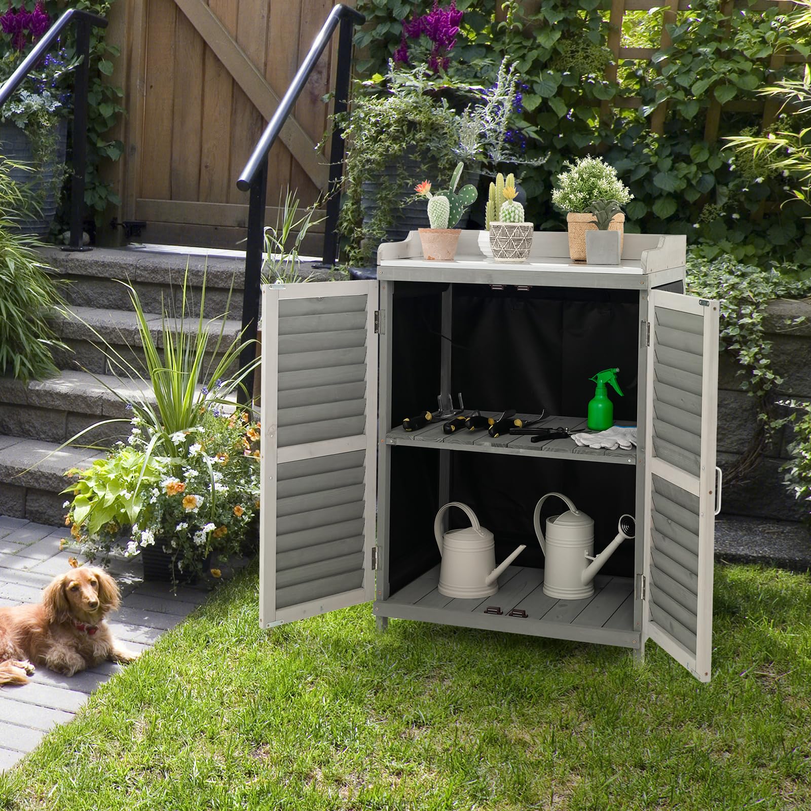 **AFSTAR Outdoor Potting Bench with Metal Tabletop & 2 Storage Shelves – Waterproof Garden Tool Shed, Wooden Potting Table for Patio & Backyard – Grey | Perfect for Gardening, DIY Projects & Outdoor Storage**