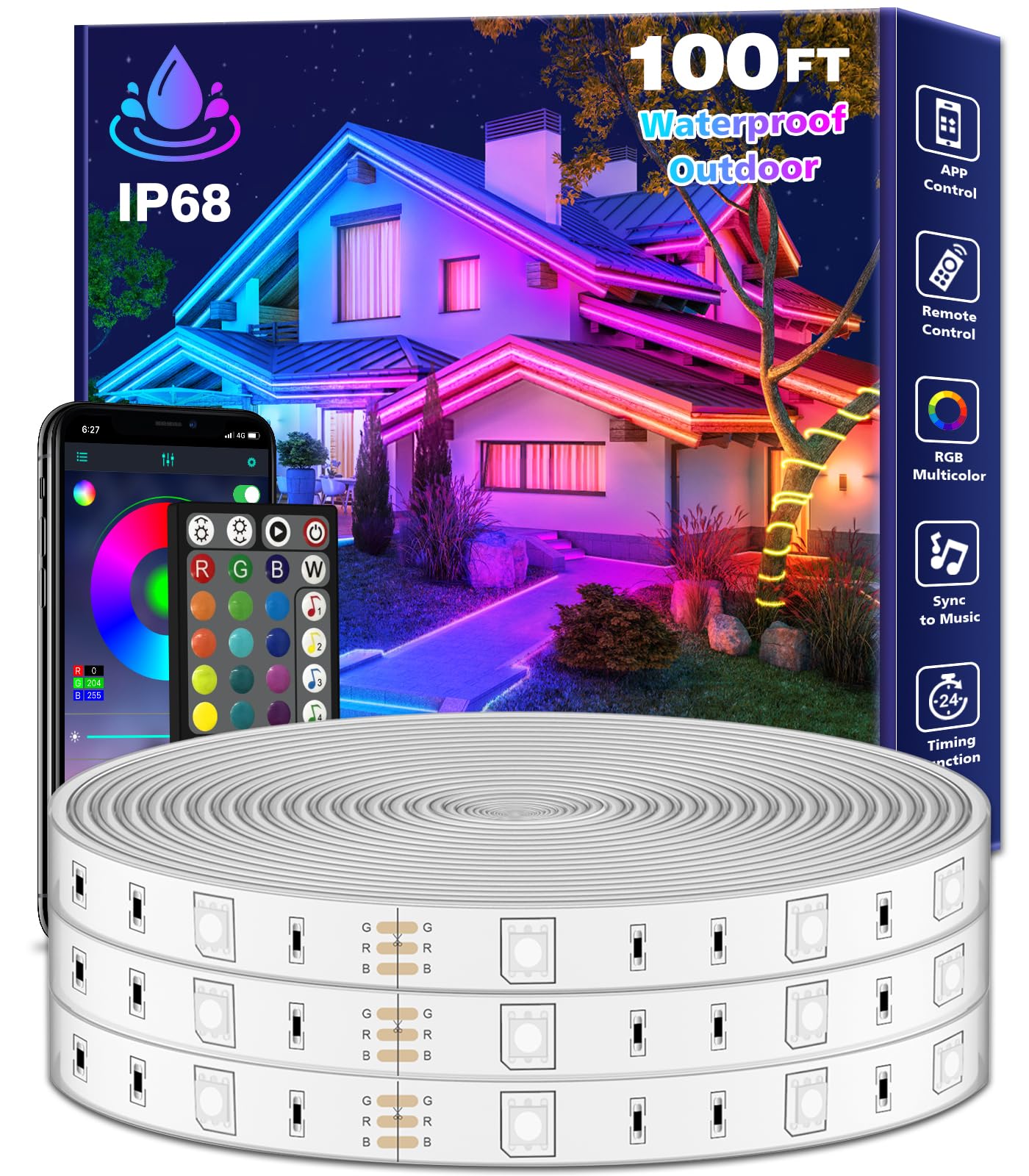 100Ft Outdoor LED Strip Lights Waterproof - RGB Color Changing with Music Sync & App Control, IP65 Weatherproof Exterior Rope Lighting for Deck, Balcony, Roof, Garden, Pool - Perfect for Parties, Landscape & Holiday Decorations