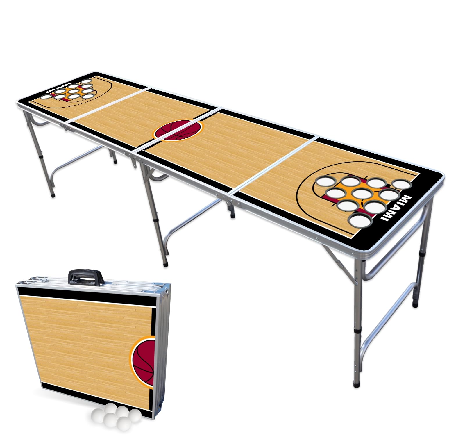 8-Foot Folding Portable Beer Pong Table with Optional Cup Holes & LED Lights - Miami Basketball Court Design for Indoor/Outdoor Parties, Tailgates & Game Nights (Multiple Models Available)