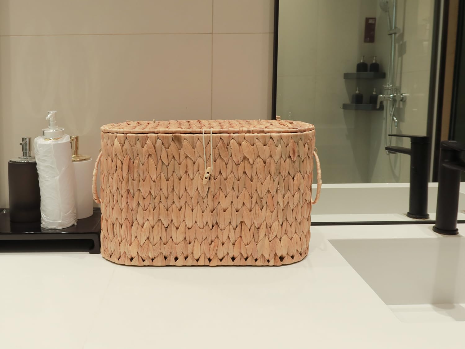 Farmhouse Boho Woven Hyacinth Toilet Paper Storage Basket with Lid - Decorative Bathroom Organizer & Free-Standing Toilet Paper Holder | Perfect for Farmhouse, Rustic & Boho Bathroom Decor