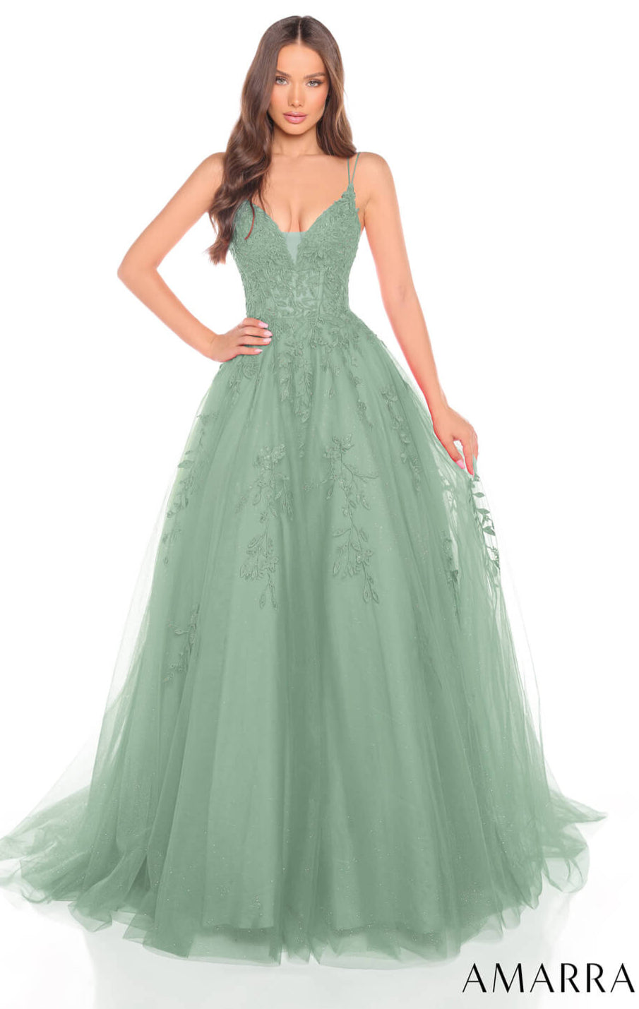 Amarra Floral Ball Gown with Plunging V Neckline - Elegant Formal Dress for Prom, Wedding & Evening Events