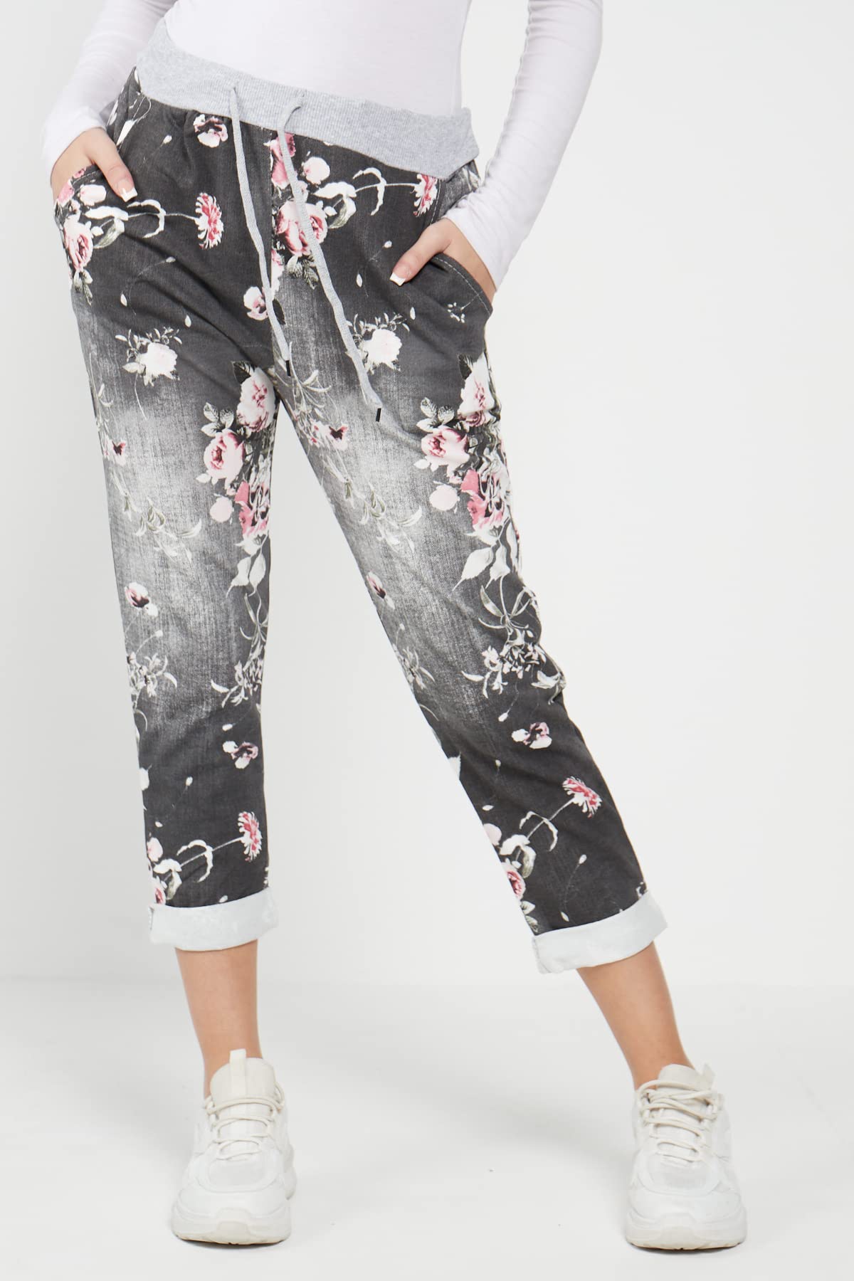 Women's Floral Print Denim Joggers - High Waisted Casual Sweatpants for Summer | Italian Gym Pants for Women | Plus Size 6-20 | Perfect for Yoga, Running & Streetwear Fashion