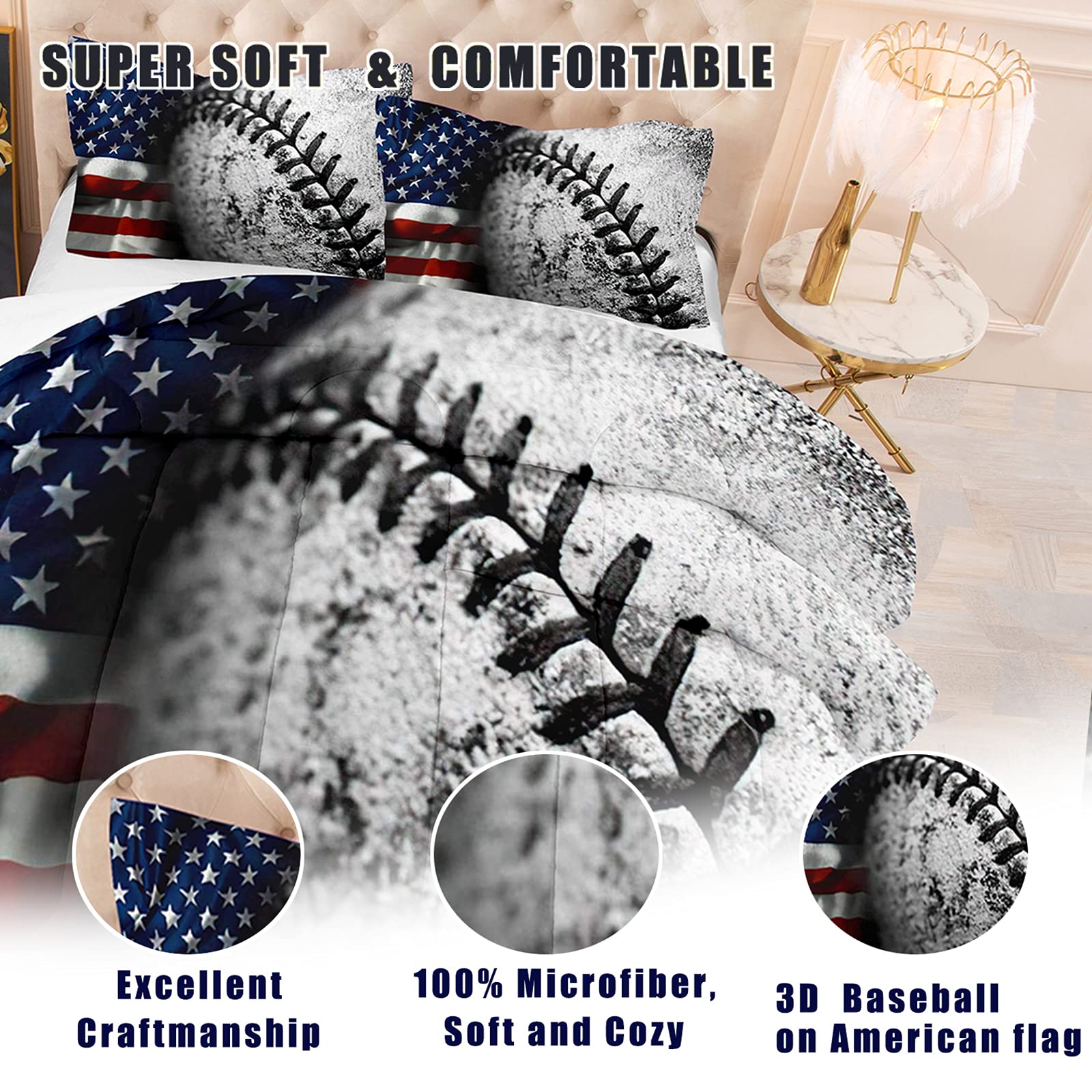 **Bodhi Boys Sports Bedding Set Queen - Baseball & American Flag Comforter Set with Pillowcases, Grey - Perfect for Teen Boys' Bedroom & Dorm Room Decor**