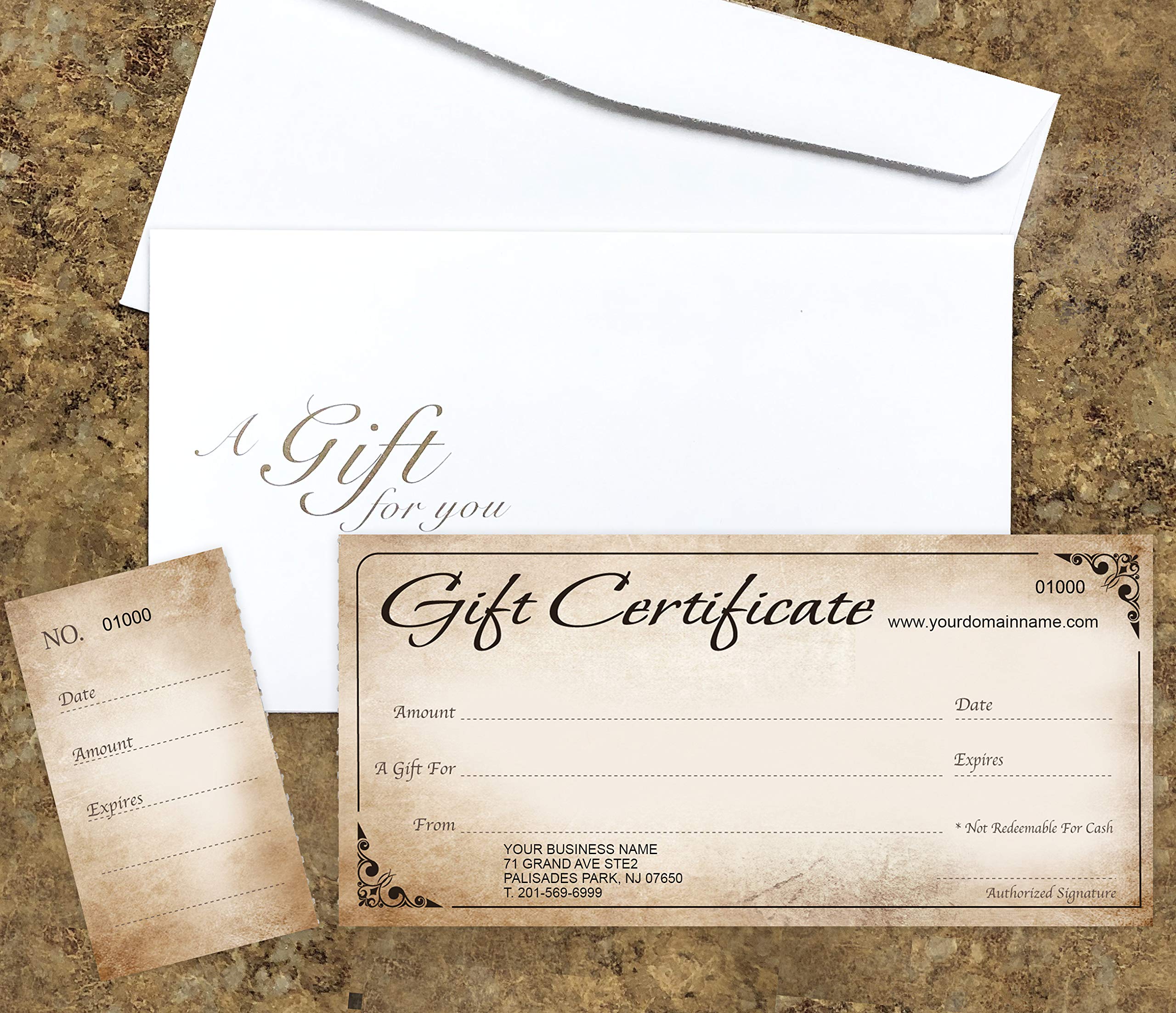 Custom Gift Certificate Cards with Envelopes - 100 Pack Rustic Design - Business Gift Vouchers for Restaurants, Spas & Retail Stores