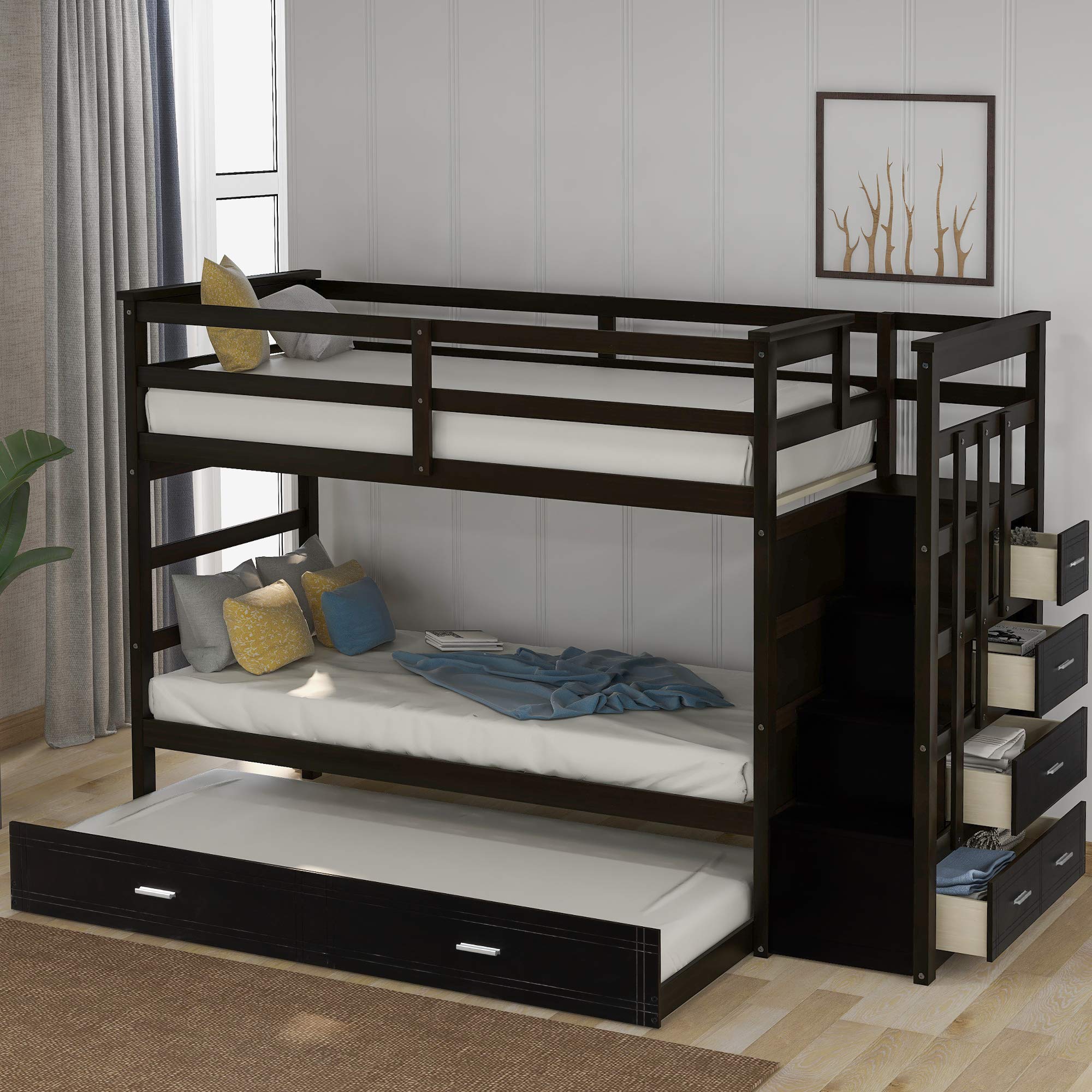 Solid Wood Twin Bunk Bed with Trundle, Storage & Stairs - Space-Saving Kids' Room Solution
