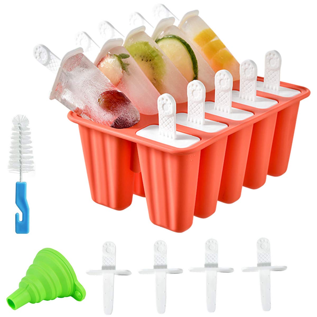 Helistar 10-Piece Reusable Silicone Popsicle Molds Set with 14 Sticks, Funnel & Cleaning Brush - Easy Release DIY Ice Pop Maker for Kids & Adults (Red) - Perfect for Summer Treats, Party Snacks & Healthy Frozen Desserts