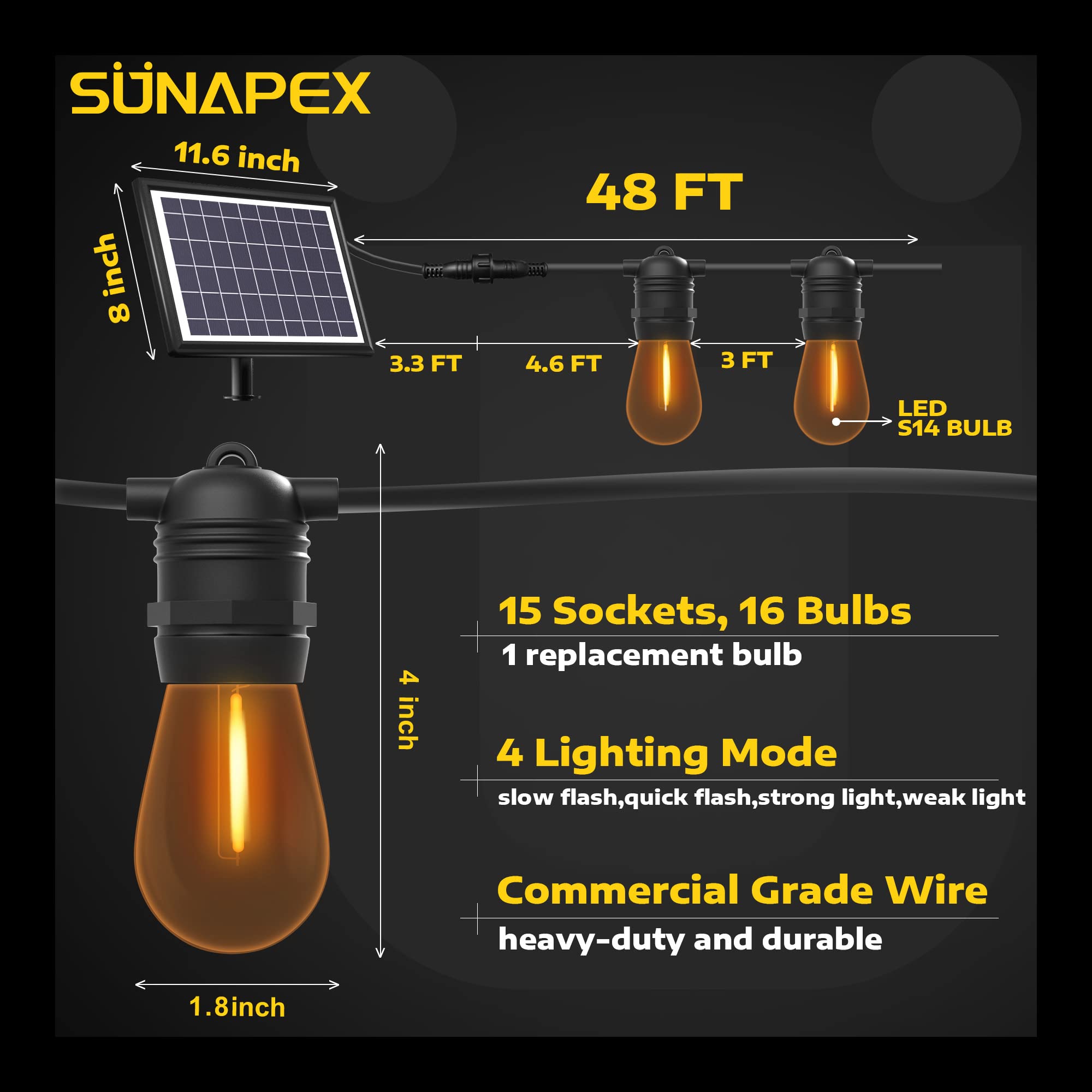 SUNAPEX 48FT Solar String Lights Outdoor Waterproof - Shatterproof Edison Bulbs, Solar Powered Patio Lights for Backyard, Garden, Camping & Decoration | Perfect for Outdoor Parties, Weddings & Nighttime Ambience