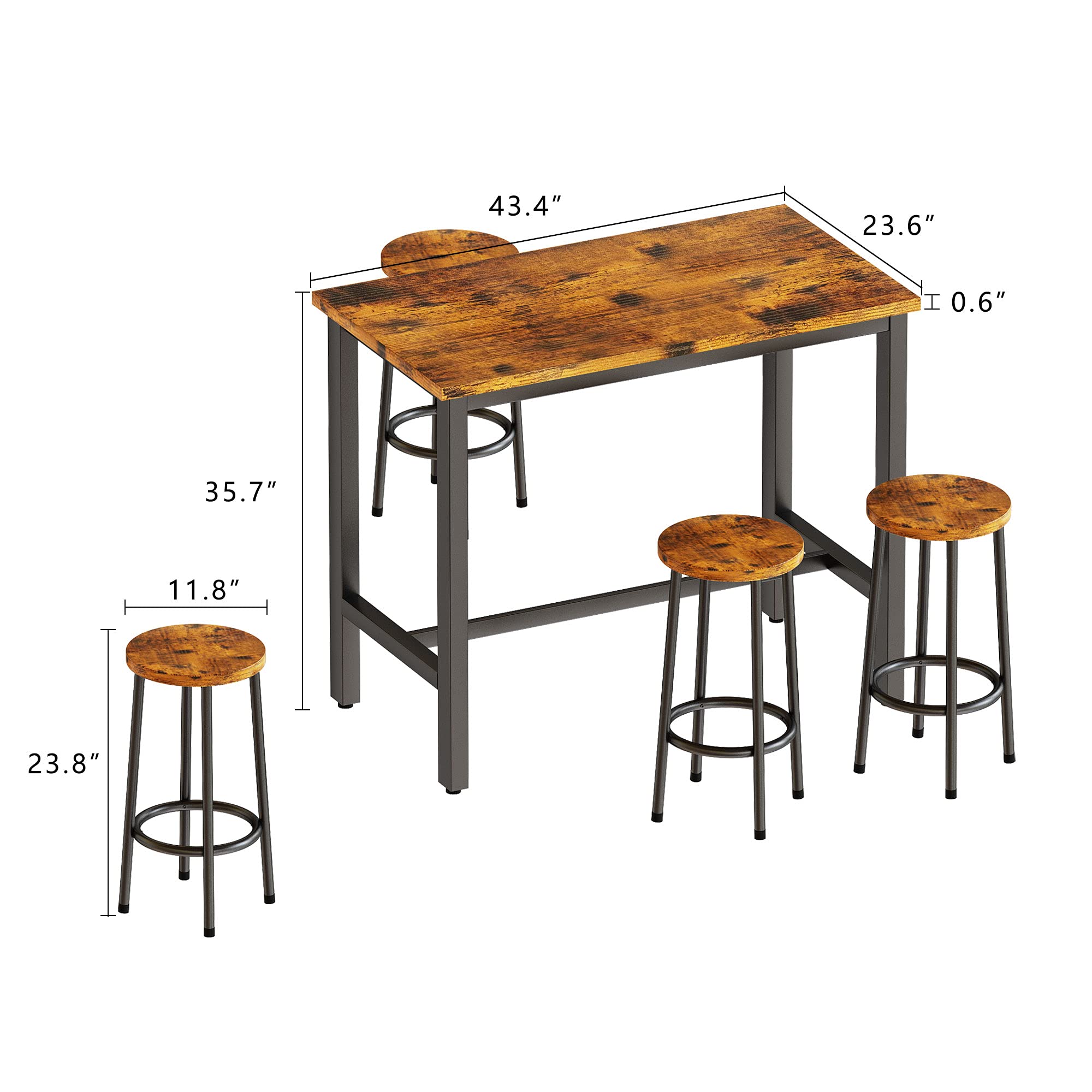 AWQM 4-Piece Industrial Counter Height Dining Table Set with Stools - Brown Kitchen Breakfast & Pub Table for Living Room, Bar, Restaurant & Home Decor