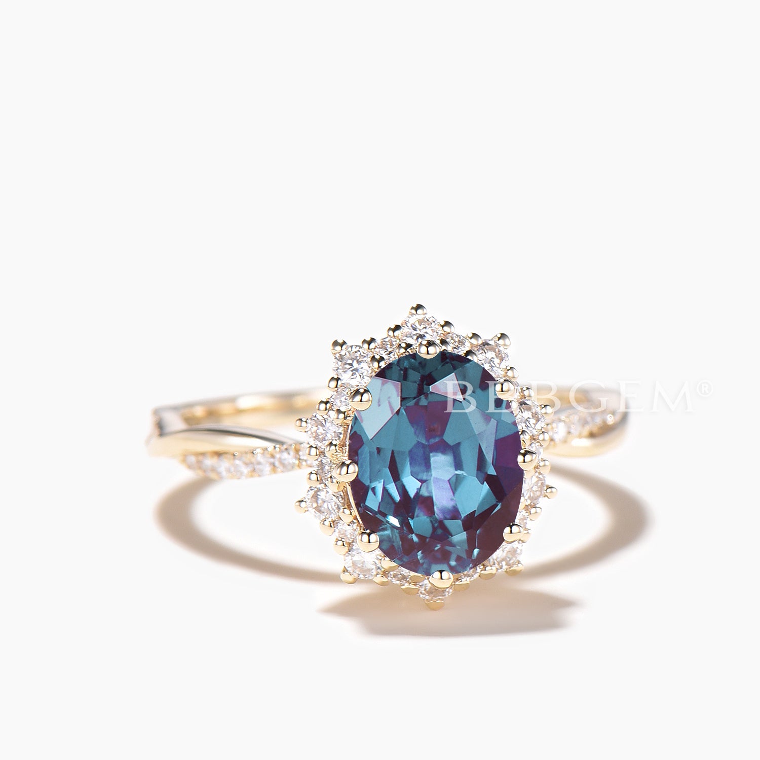 Oval Cut Color Changing Alexandrite Engagement Ring with Diamond Halo & Twisted Band – Perfect for Proposals, Anniversaries & Special Occasions