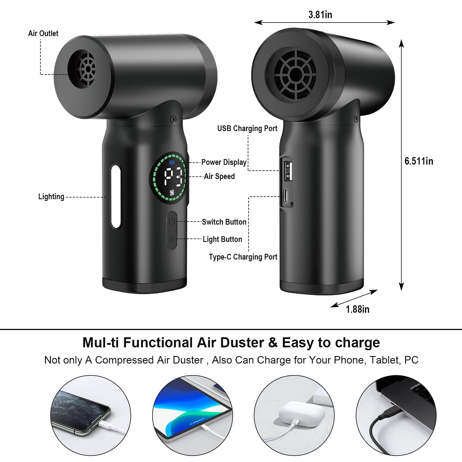 Upgraded 106,000 RPM Electric Air Duster - Cordless Keyboard Cleaner with 3 Speeds & LED Screen | Replaces Compressed Air Cans | 7800mAh Battery for Office, PC, Desk & Sofa Cleaning | Perfect for Electronics, Keyboards, Computer Components & Home Dusting