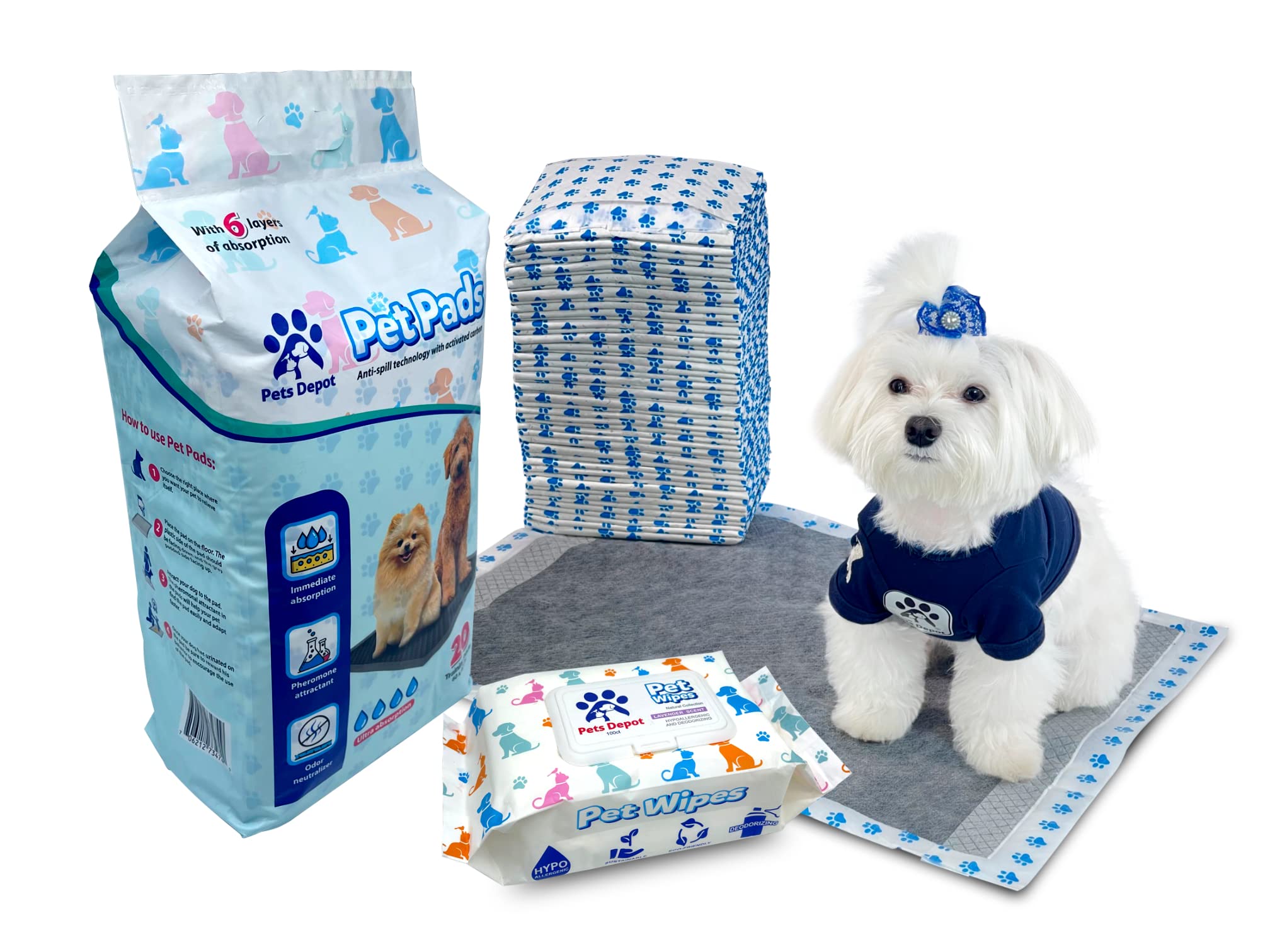 Premium Activated Carbon Training Pads & Lavender Pet Wipes for Dogs & Cats - Super Absorbent, Odor Neutralizing Puppy Pads with 100 Bonus Wipes - Ideal for House Training, Crate Use & Travel