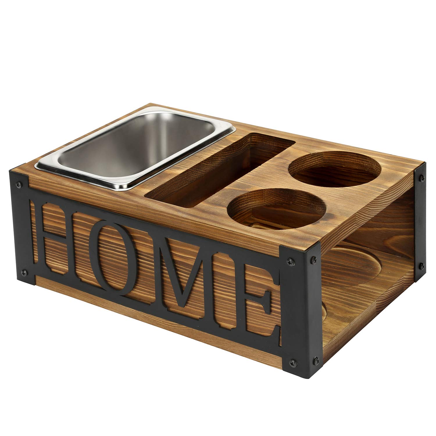 Rustic Burnt Wooden Snack Tray Caddy - Drink Holder & Coffee Table Organizer with Black Metal Lettering - Perfect for TV Snacks, Remote Control Storage, and Living Room Decor