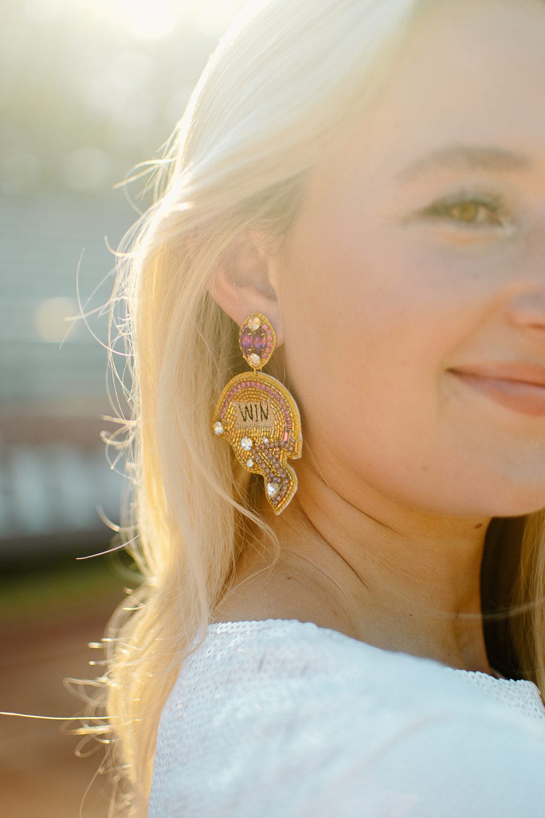 Taylor Shaye Purple & Gold Helmet Earrings - Fashionable Football Inspired Jewelry for Women | Perfect for Game Day, Parties & Sports Fan Gifts