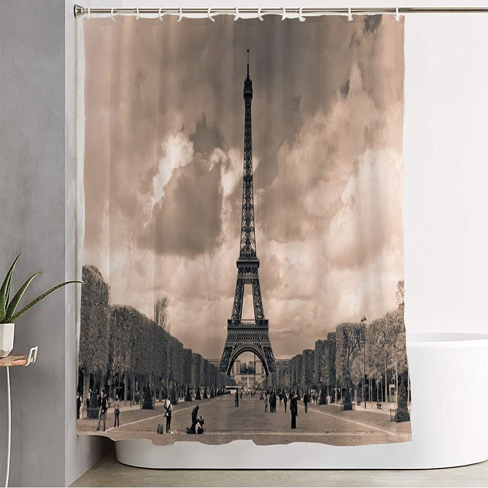 Vintage French Eiffel Tower Paris Landscape Photography Waterproof Shower Curtain 72x72 Inches - Romantic Bathroom Decor for Vintage & Parisian Style Homes