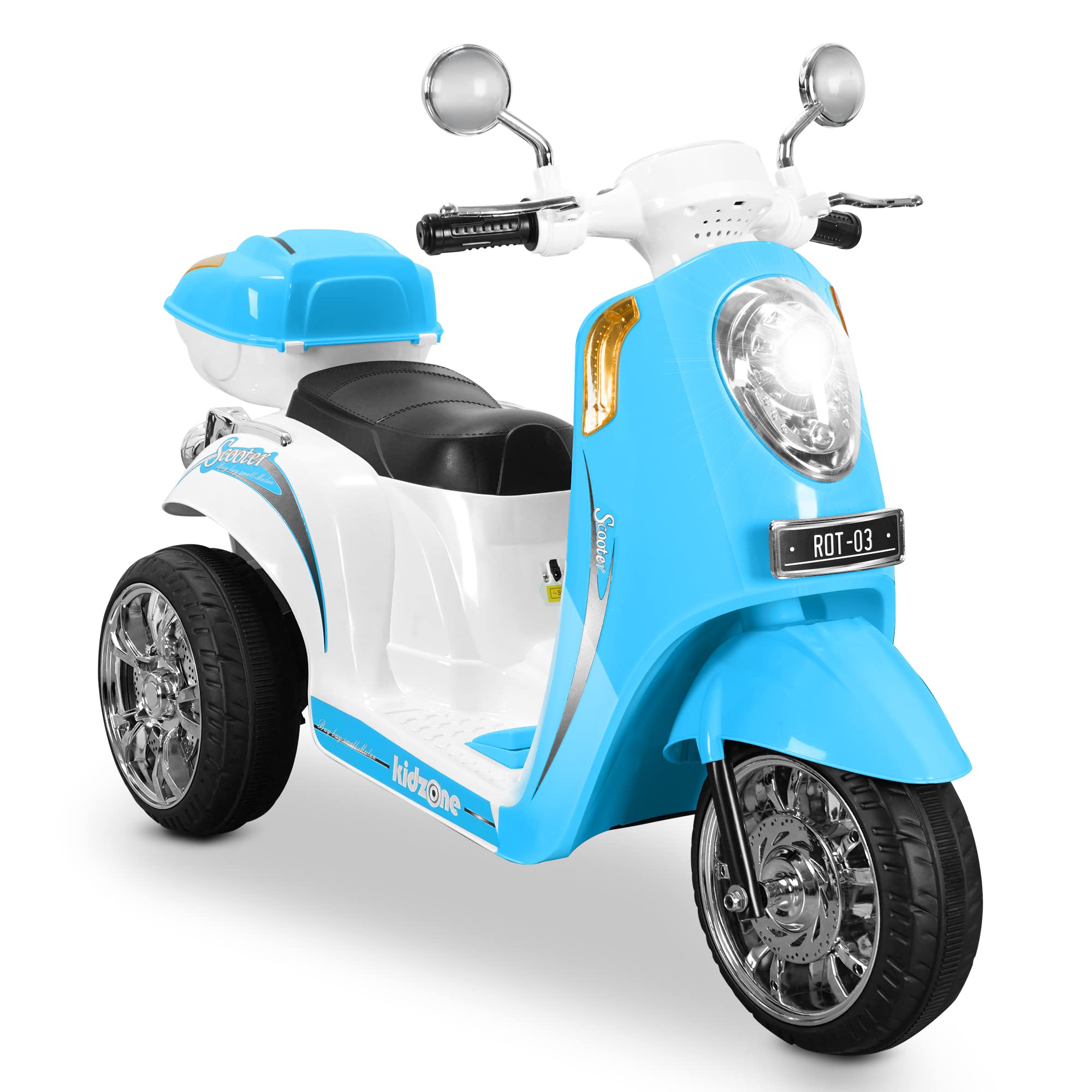 Kidzone 3-Wheel Electric Ride On Motorcycle Toy for Kids Ages 3-8 Years - Battery Powered with Music, LED Headlight, Storage Trunk & Horn - Perfect for Indoor & Outdoor Play - Sky Blue