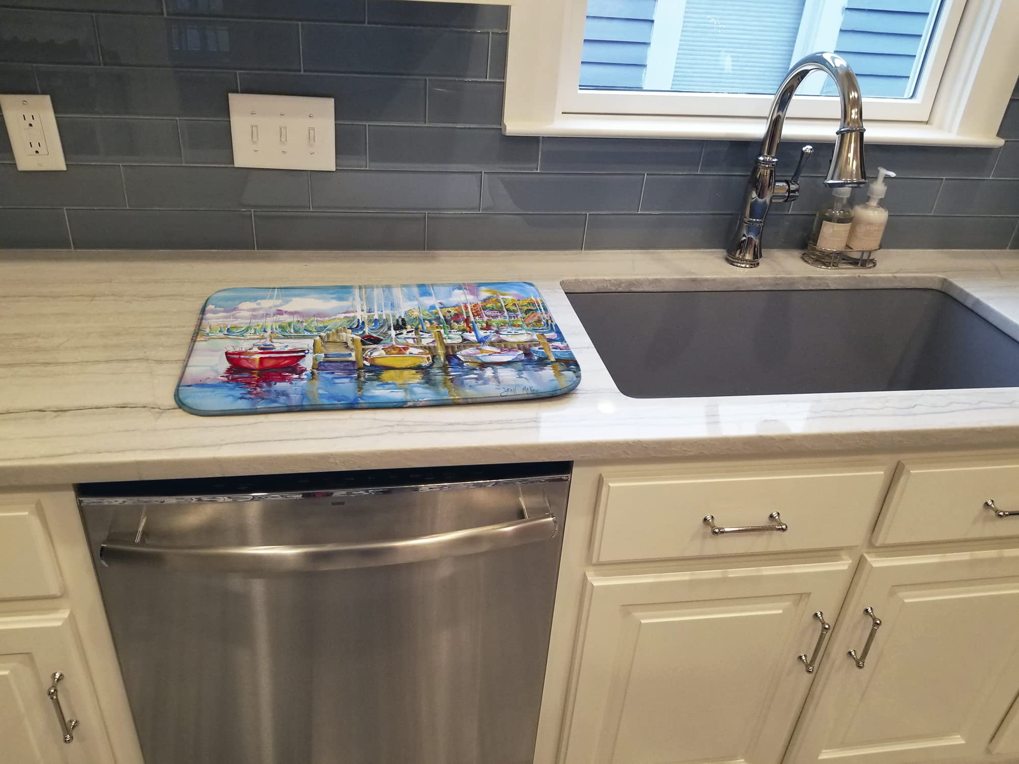 Paradise Yacht Club Sailboats Dish Drying Mat - Absorbent Kitchen Counter Pad (14x21