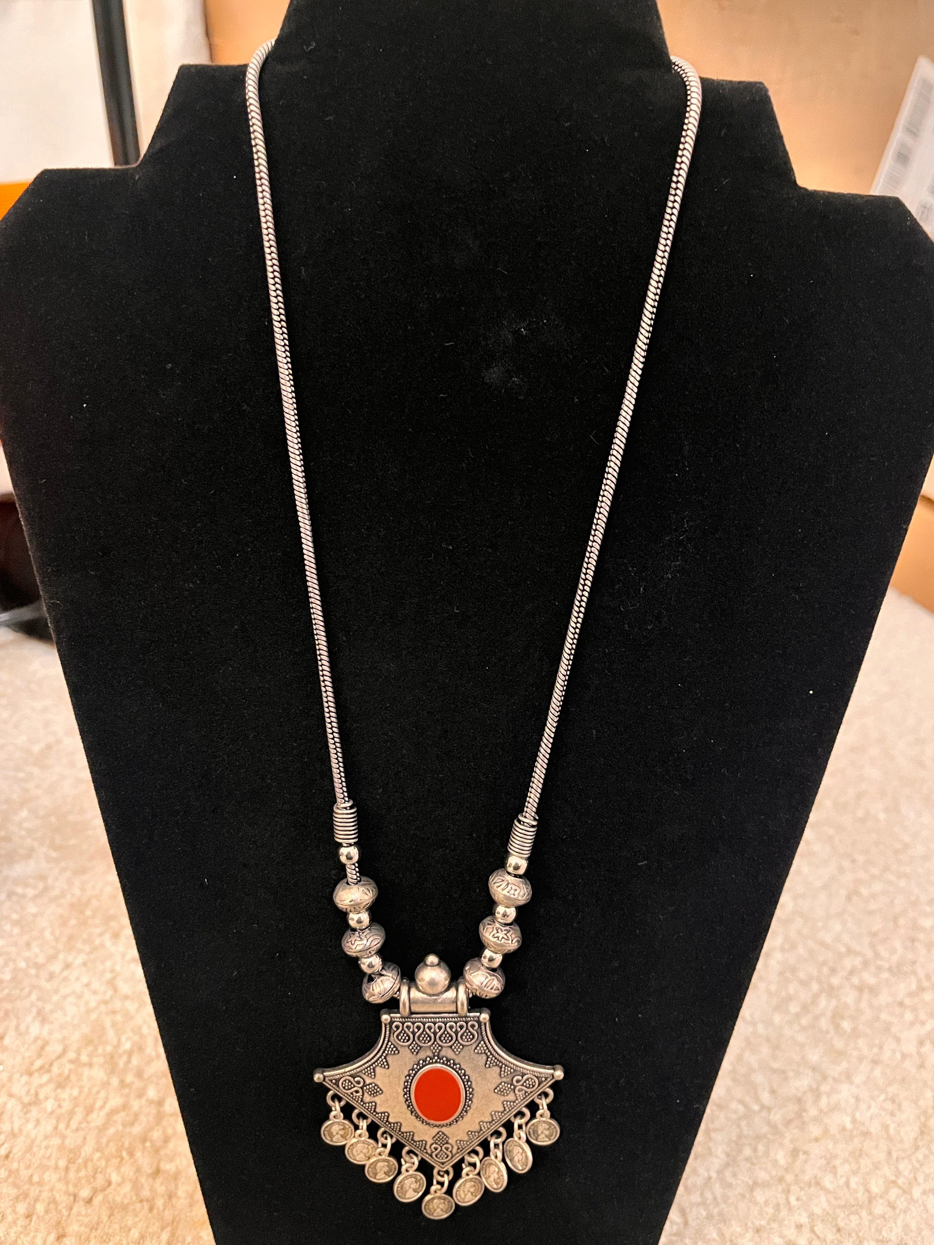 Stylish Orange Silver Oxidized Long Chain Necklace for Women - Perfect for Boho Chic, Casual Wear & Evening Outfits