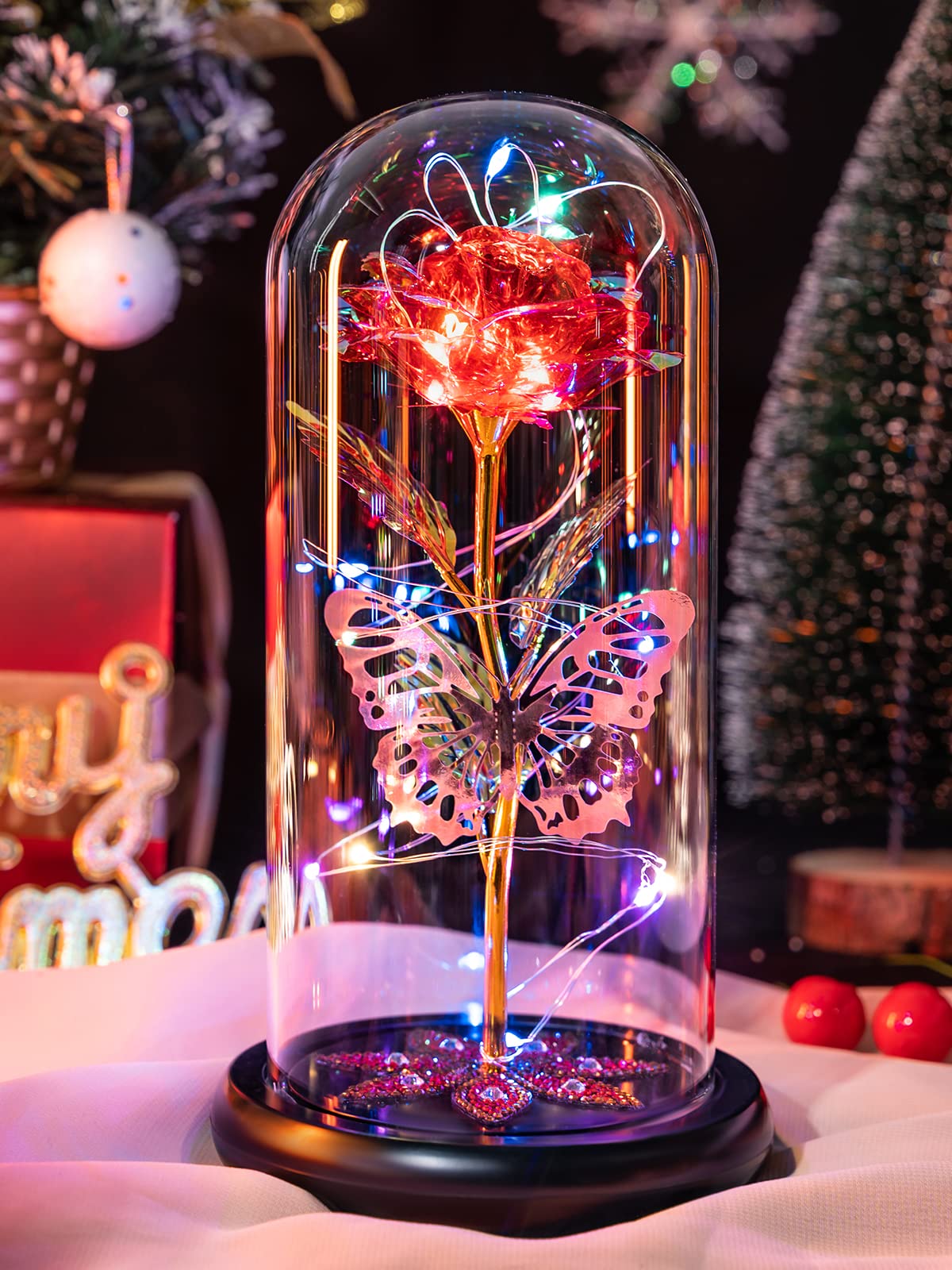 Eternal Crystal Rose in Glass Dome with Butterfly - Galaxy Glass Rose Flower Gift for Mom, Women, Wife, Grandma, Daughter - Mother's Day, Anniversary, Birthday Gift Idea - Romantic Home Decor & Night Light