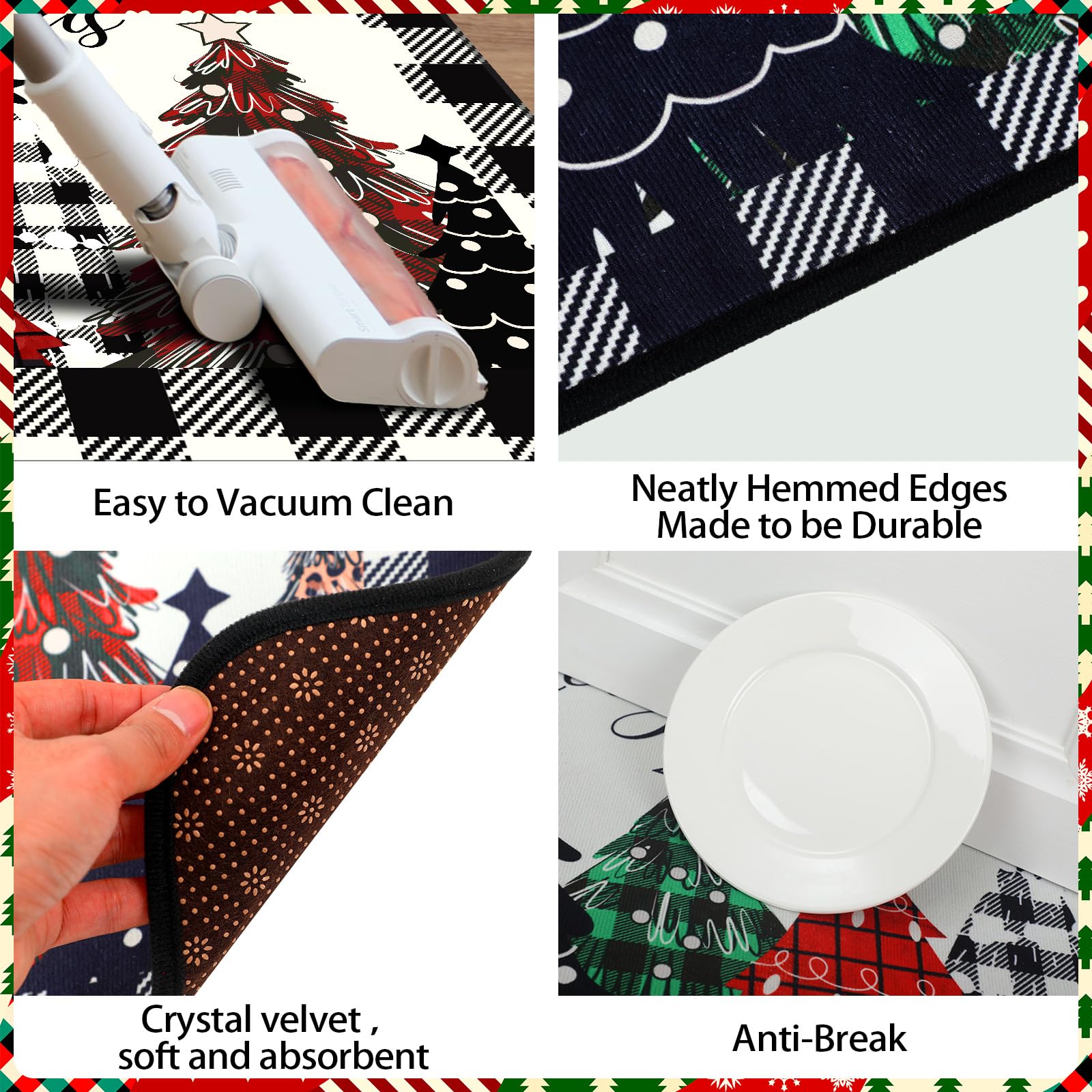 Premium Non-Slip Christmas Kitchen Rugs Set of 2 - Buffalo Plaid Holiday Floor Mats (17