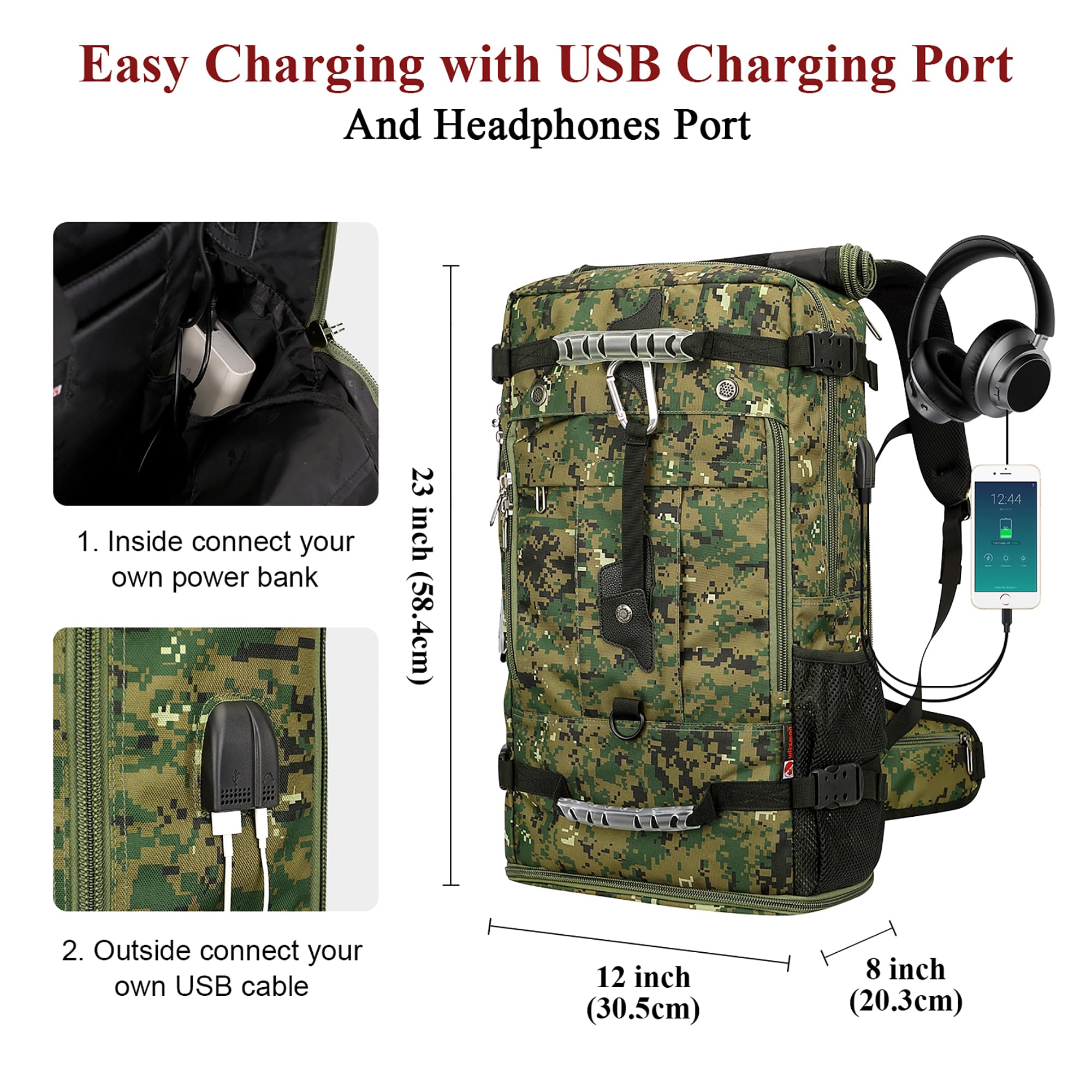 WITZMAN Digital Camo Backpack for Men - Convertible Travel Backpack & Duffle Bag with 17 Inch Laptop Compartment - Carry On Luggage for Business Trips, Hiking & Outdoor Adventures (B681 Camo Green)