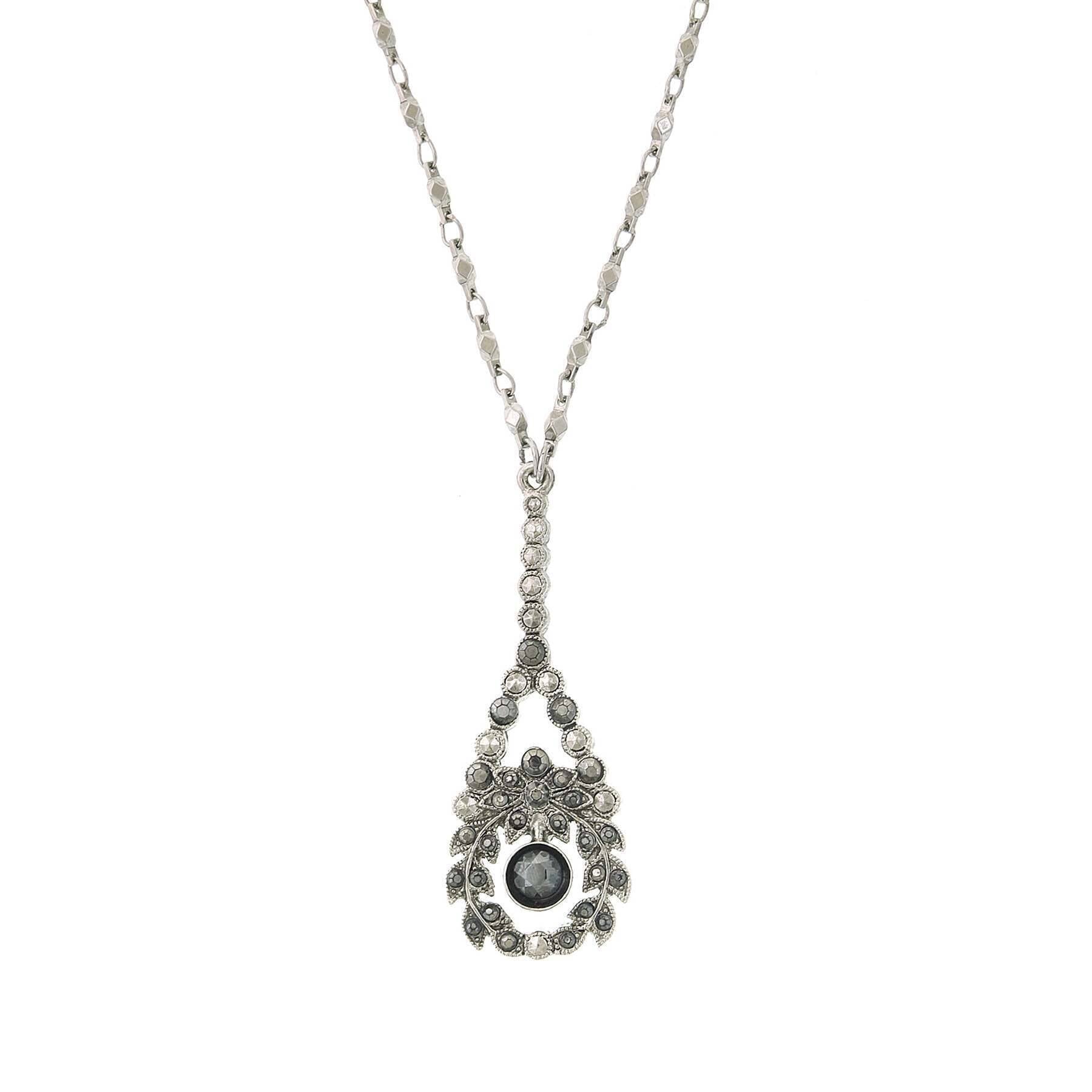 1928 Hematite Crystal Teardrop Pendant Necklace - 16